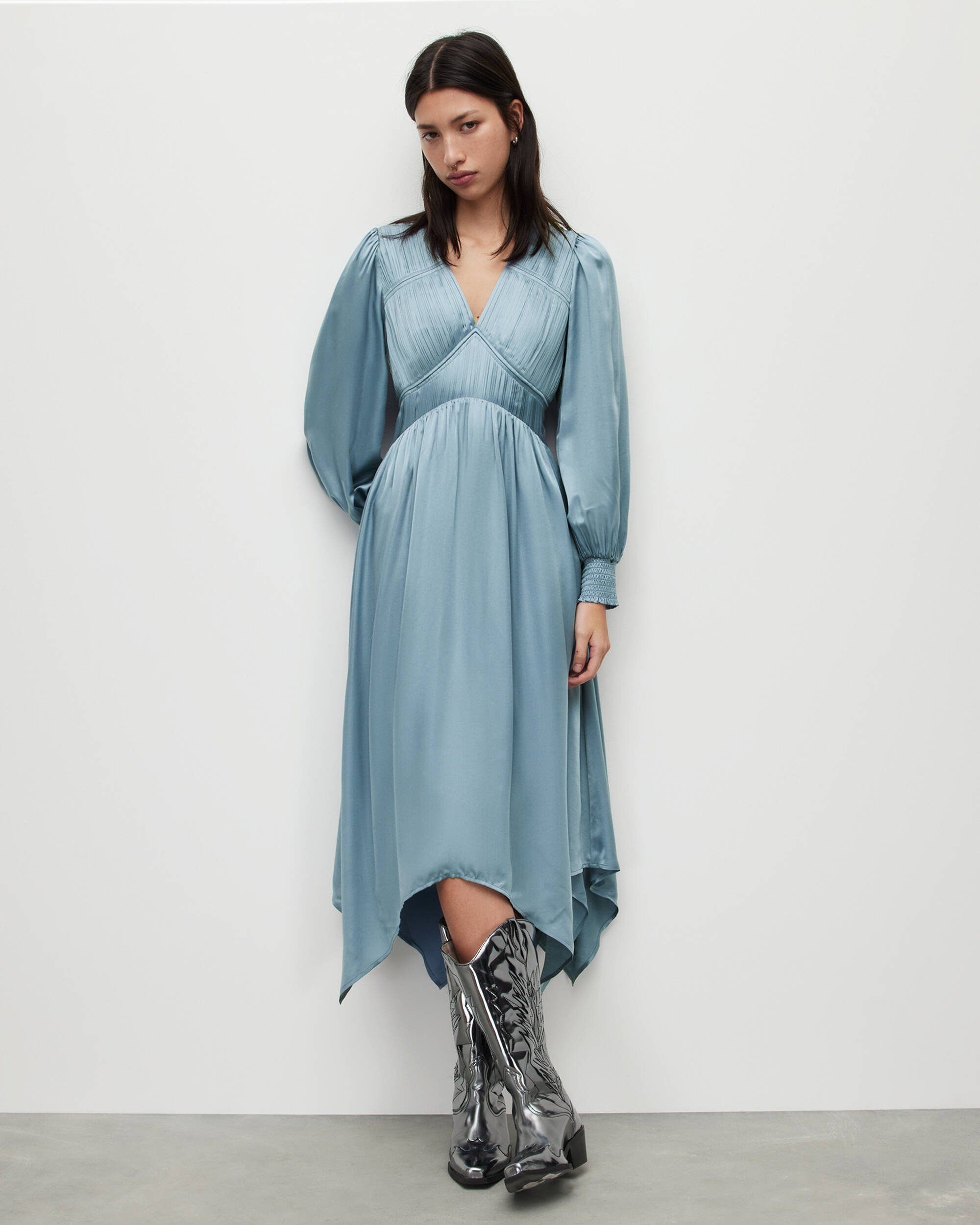 Estelle Silk Blend Asymmetric Midi Dress BLUE SLATE | ALLSAINTS US