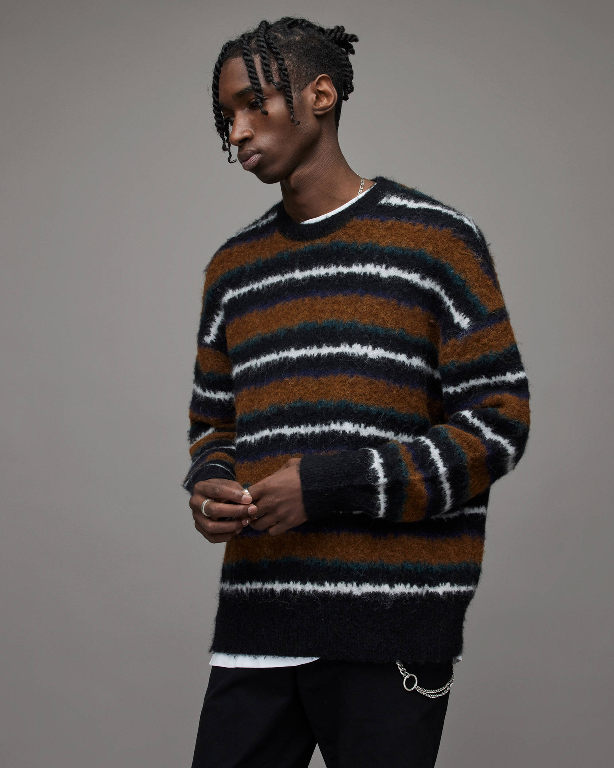 Oskar Crew Stripe Sweater BLACK/DARK TAN | ALLSAINTS US