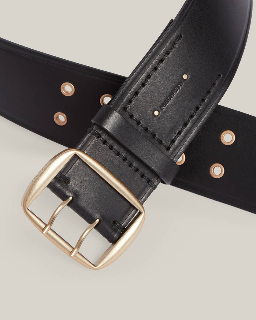 AllSaints Women's Laila Patent Leather Wide Waist Belt, Black/Warm Brass, Size: L