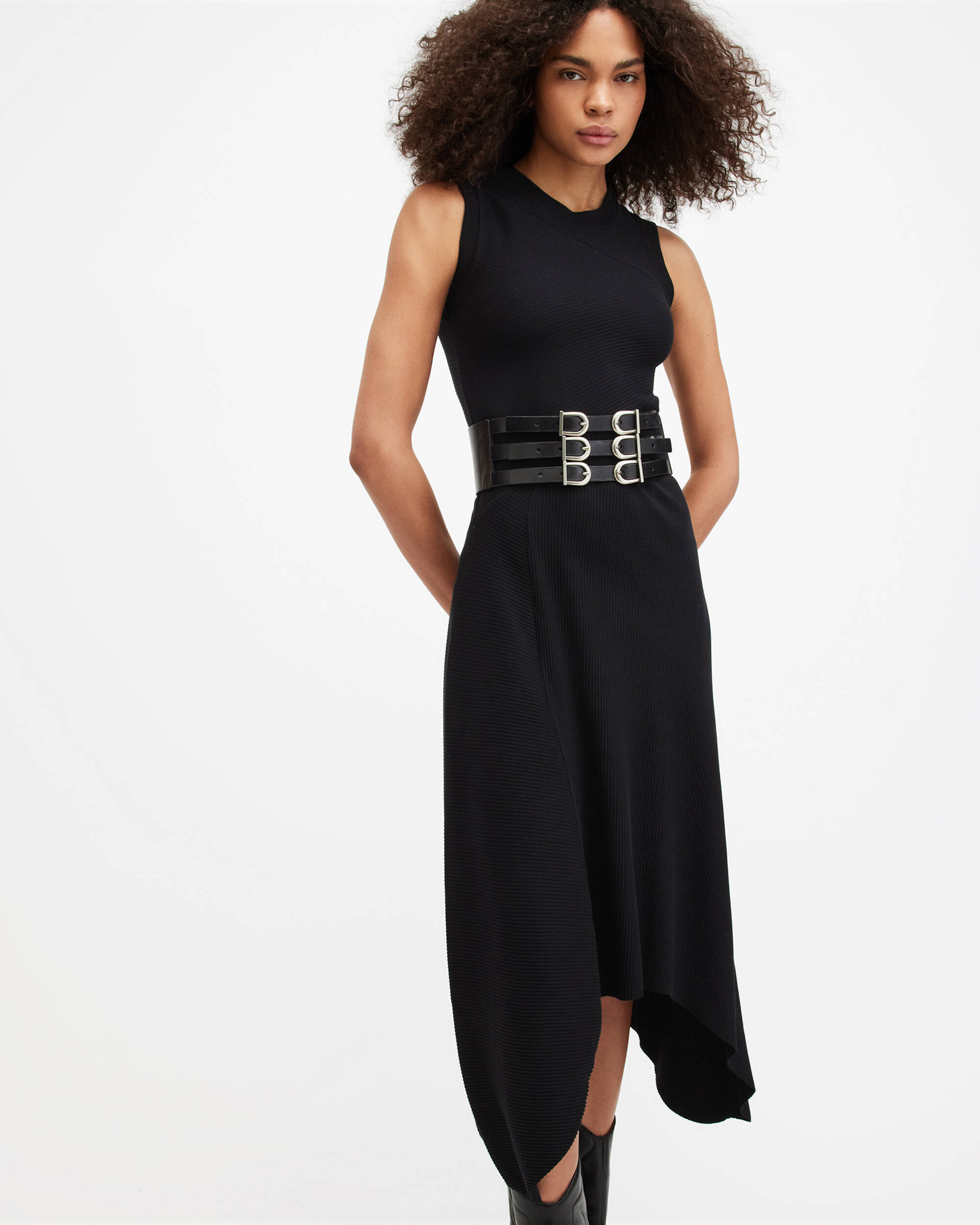 Gia Asymmetrical Ribbed Midi Dress Black | ALLSAINTS US