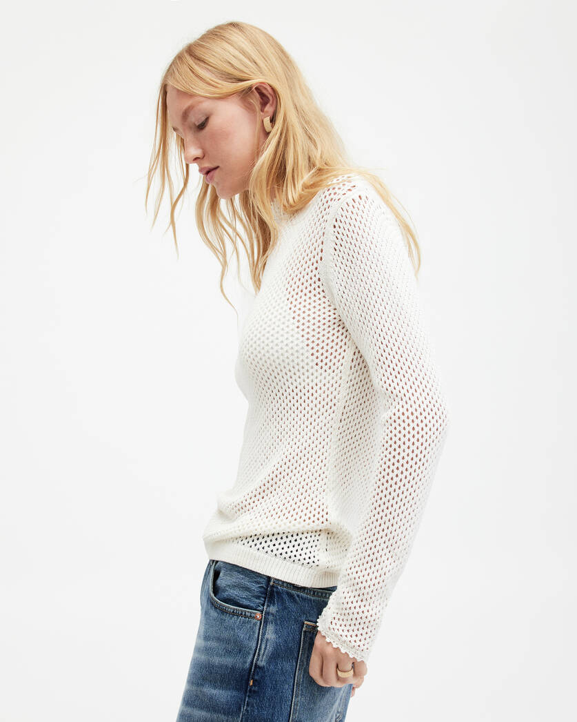 Avril Roll Neck Open Stitch Sweater Chalk White | ALLSAINTS US