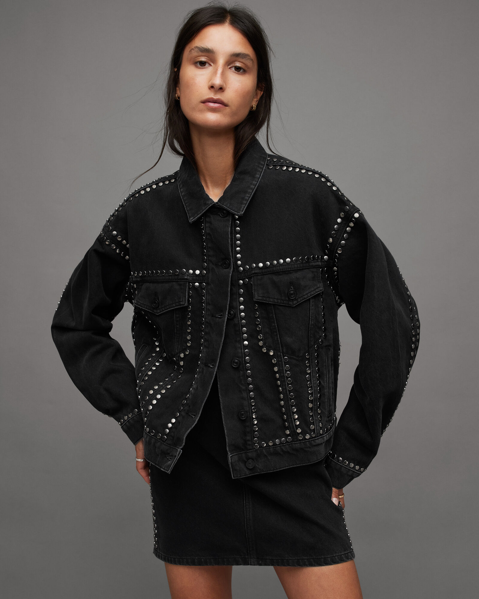 Bella Studded Relaxed Denim Jacket Black | ALLSAINTS US