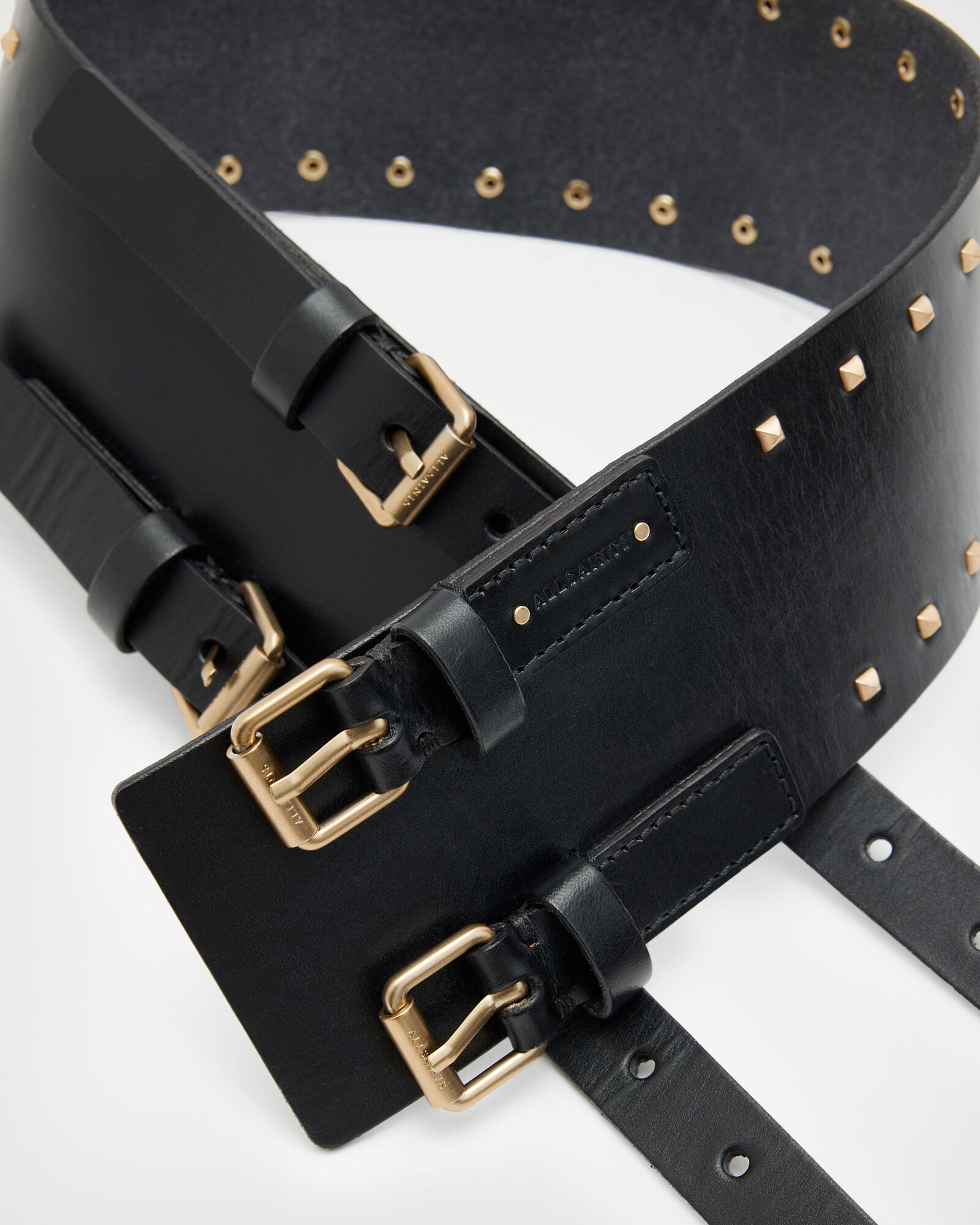 Maxie Leather Studded Double Belt BLACK/WARM BRASS ALLSAINTS US
