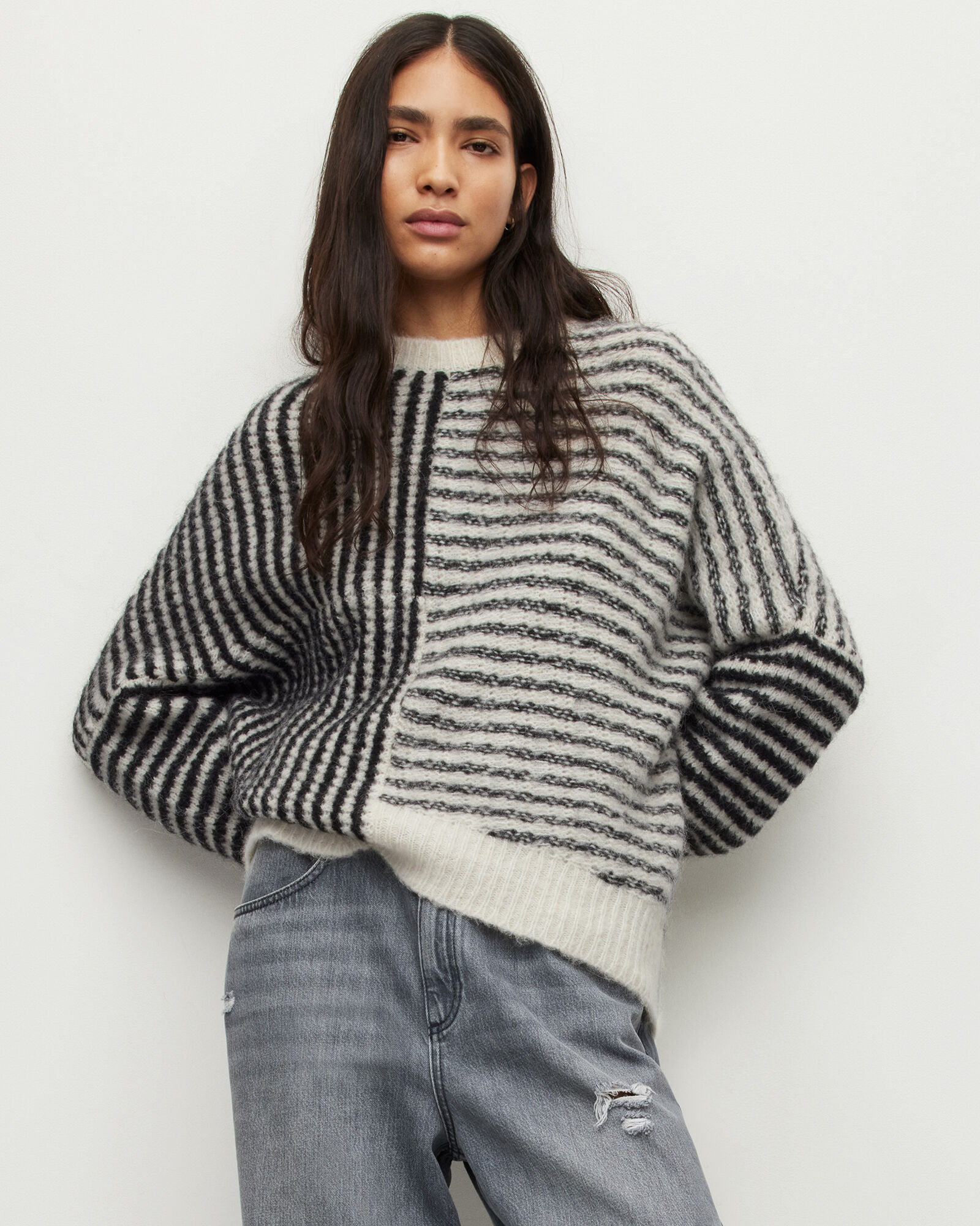 Selina Asymmetric Striped Sweater BLACK/CHALK | ALLSAINTS US