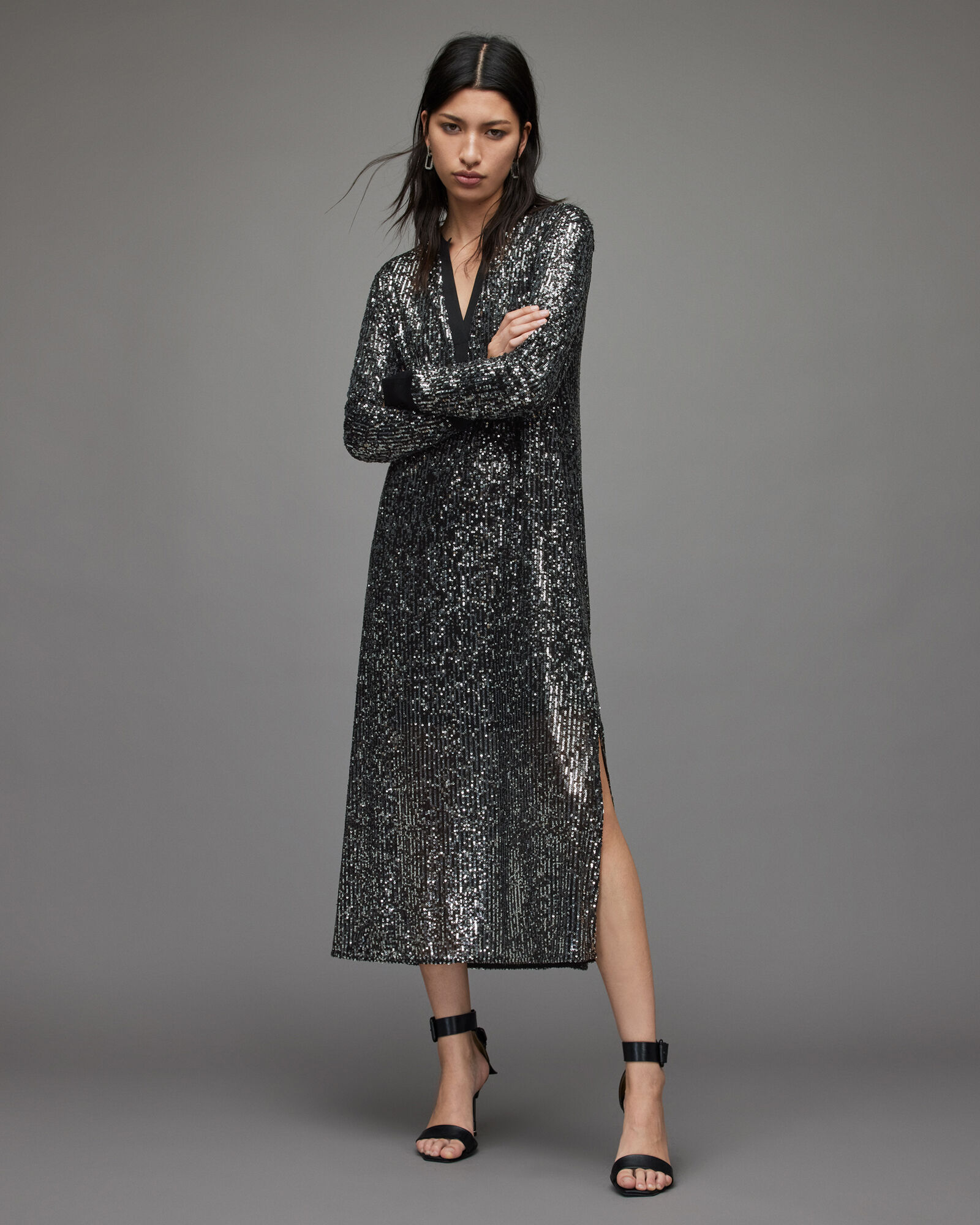 Juela Dia Sequin Dress Black/Silver | ALLSAINTS US