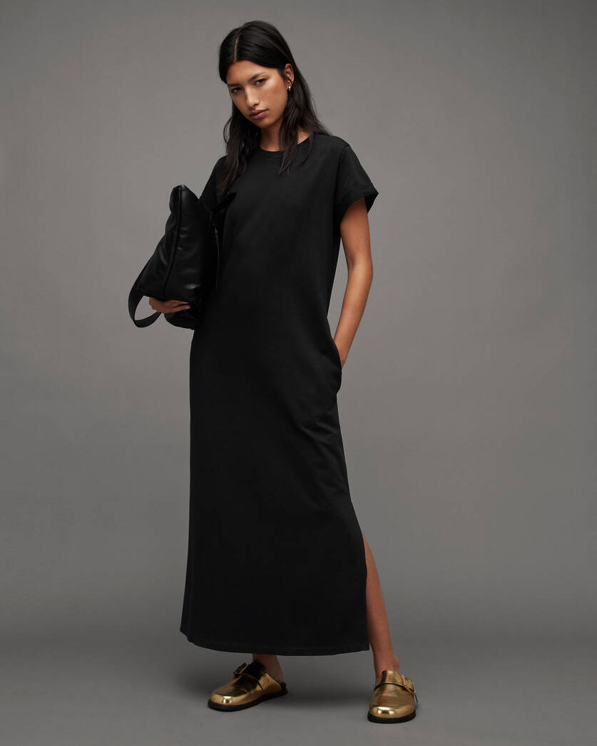 Anna Crew Neck Short Sleeve Maxi Dress Black | ALLSAINTS US