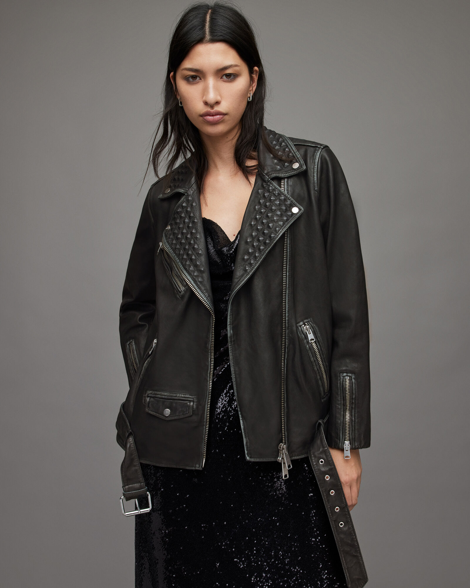 Billie Leather Studded Biker Jacket Black | ALLSAINTS US