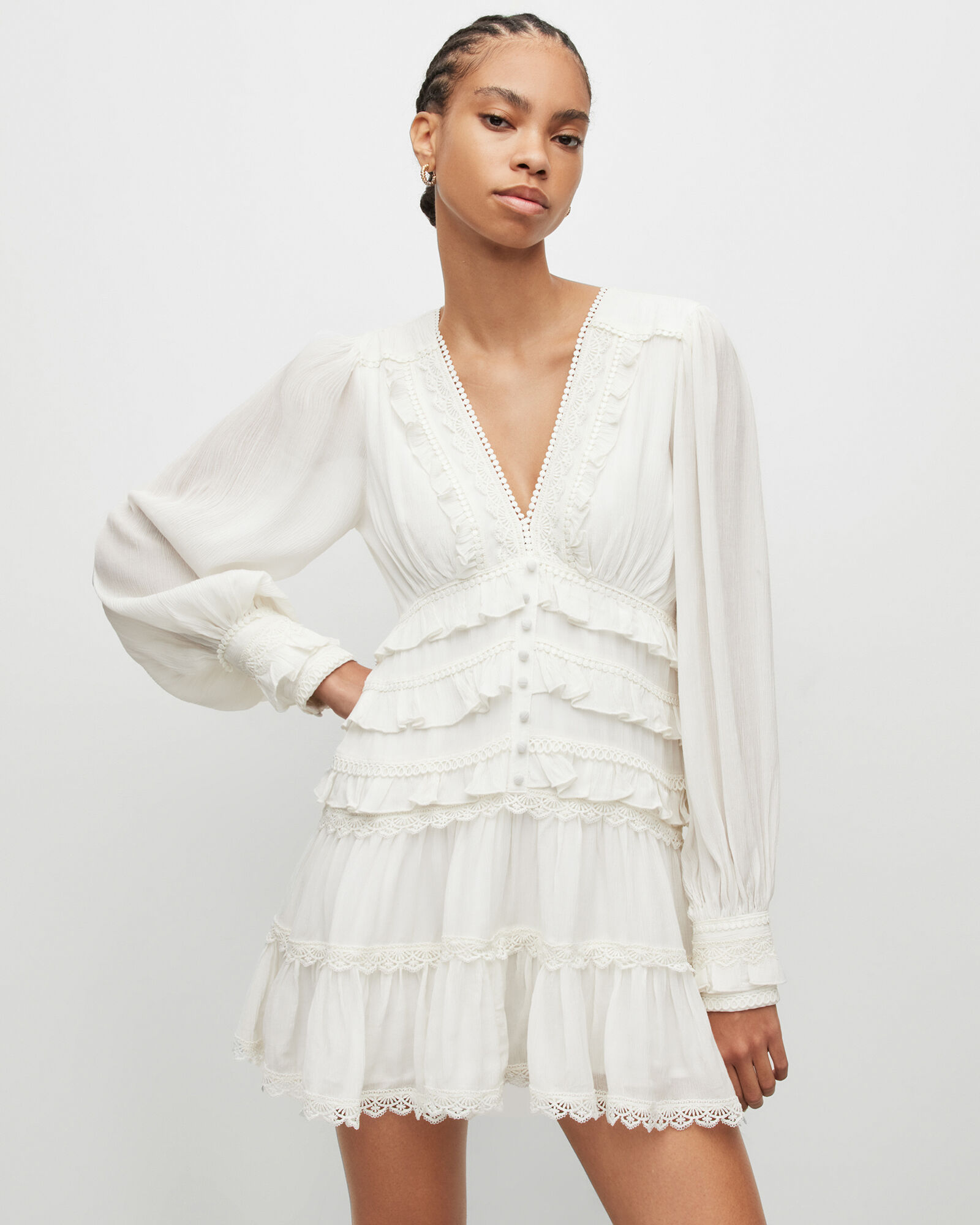 Zora V-Neck Ruffled Mini Dress Chalk White | ALLSAINTS US
