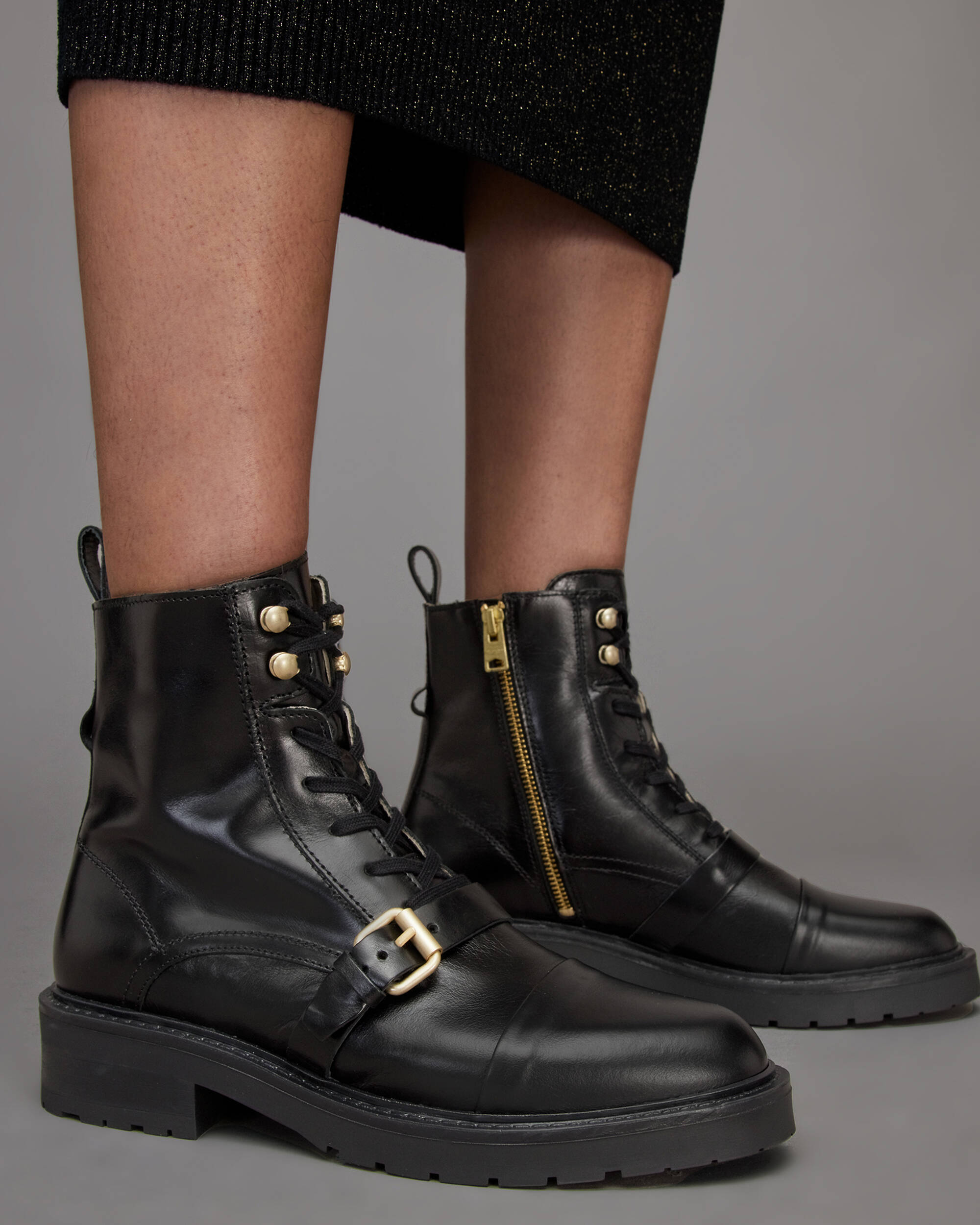Donita Leather Ankle Boots BLACK/WARM BRASS | ALLSAINTS US