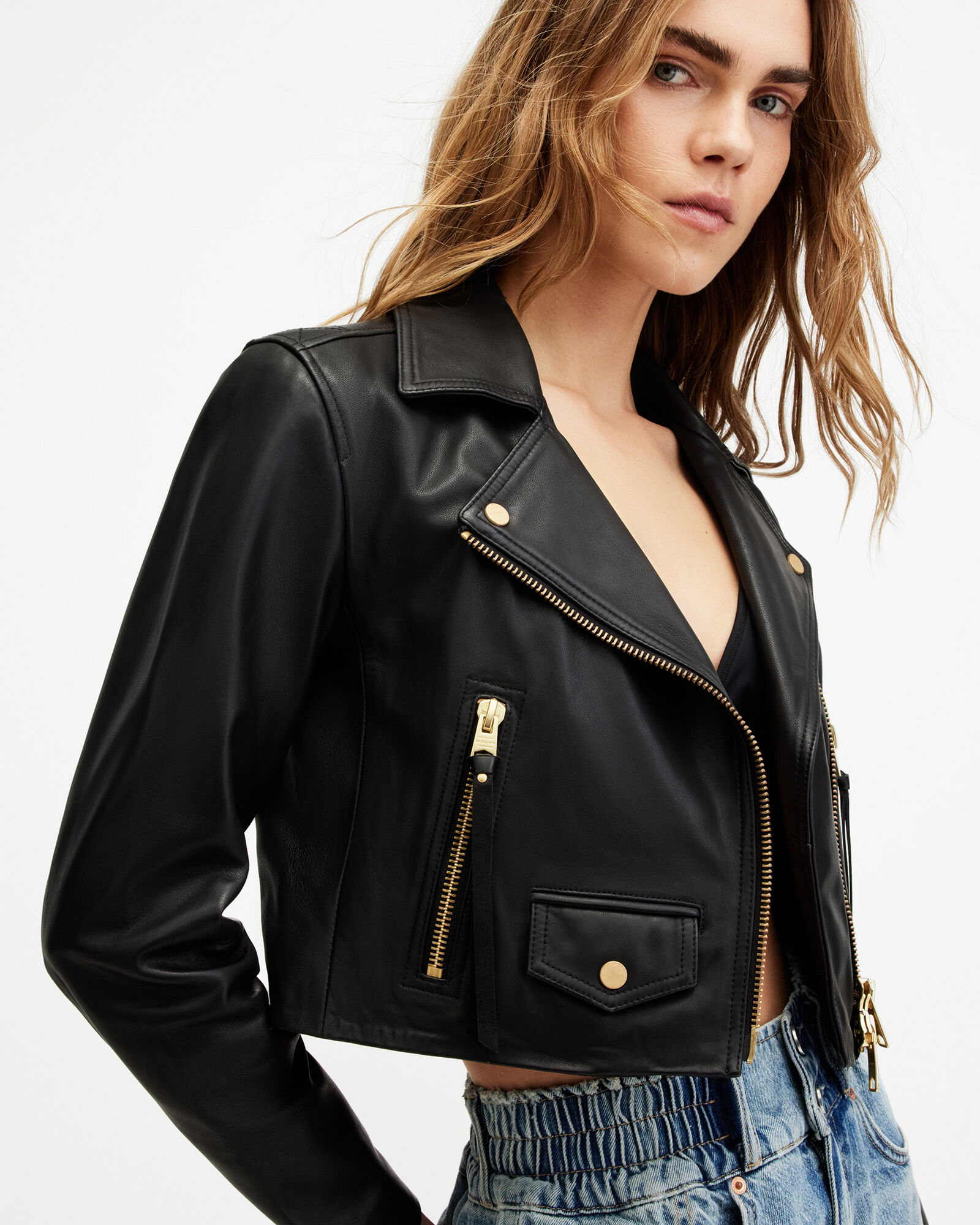Elora Cropped Leather Biker Jacket Black ALLSAINTS US