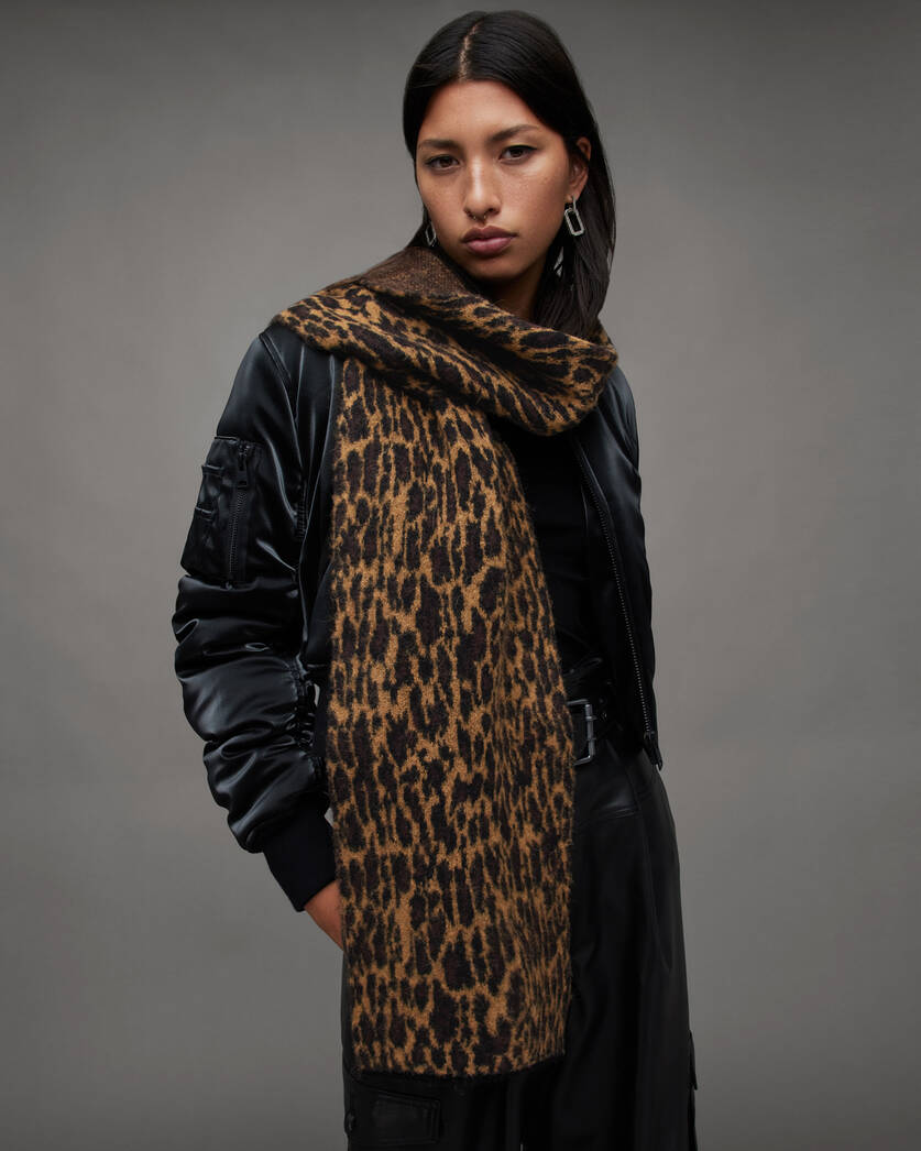 AllSaints Women's Anita Leopard Print Jacquard Scarf, Animal Brown