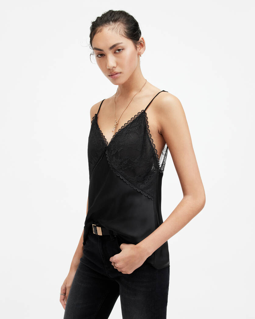 Immy Lace Panelled V-Neck Cami Top Black