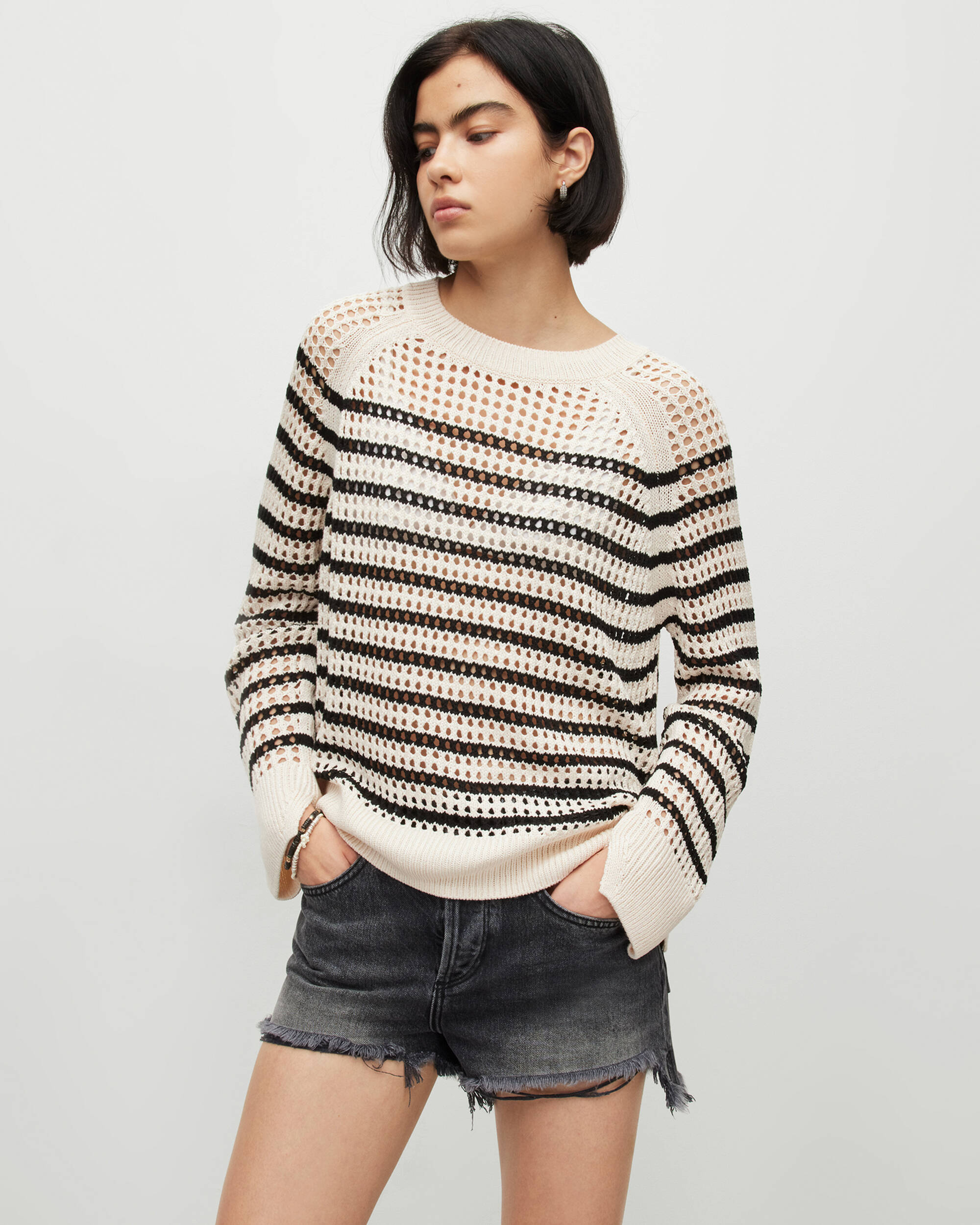 Paloma Crew Neck Stripe Mesh Sweater PAMPAS WHITE/BLACK | ALLSAINTS US