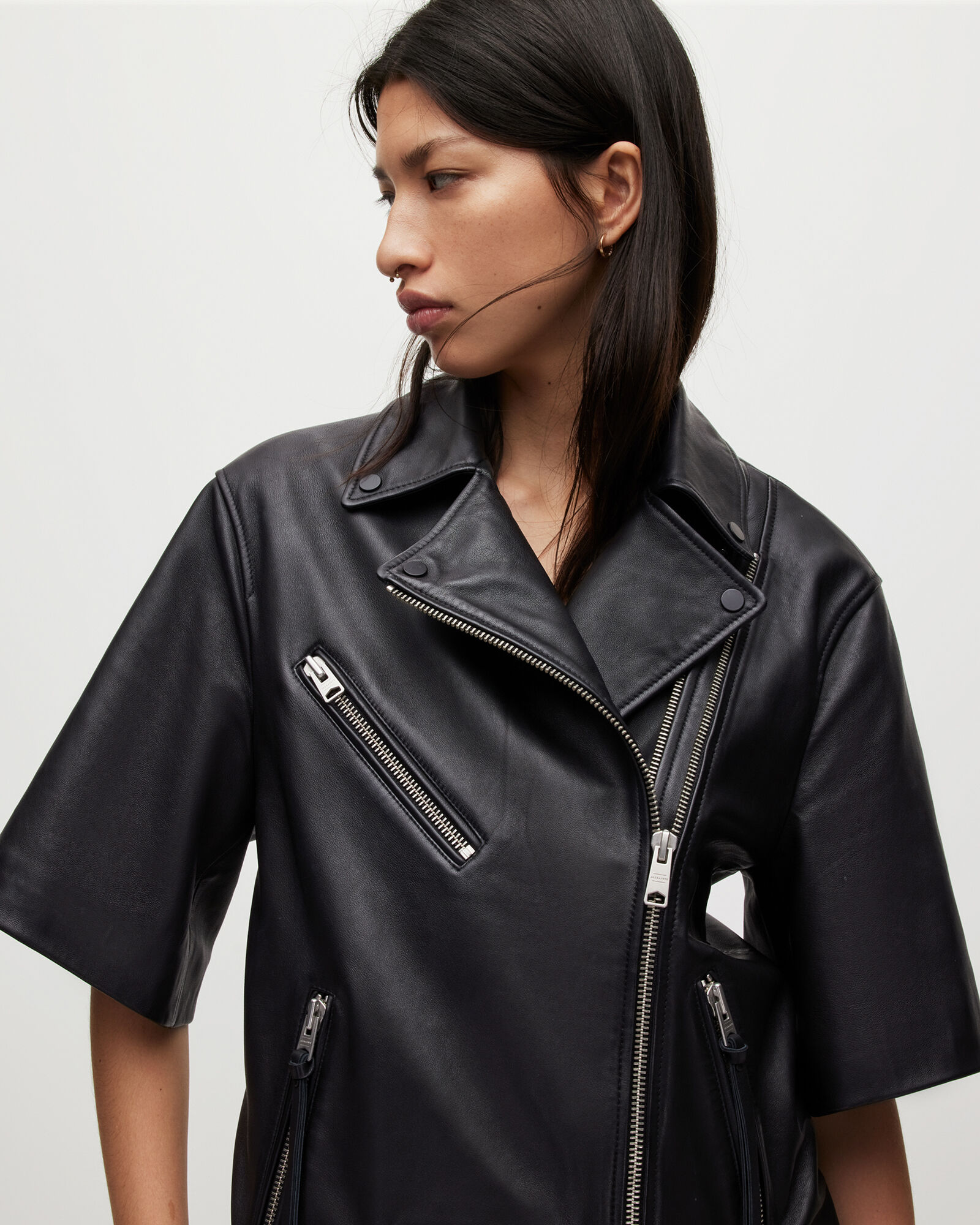Ripley Short Sleeve Leather Biker Jacket Black | ALLSAINTS US
