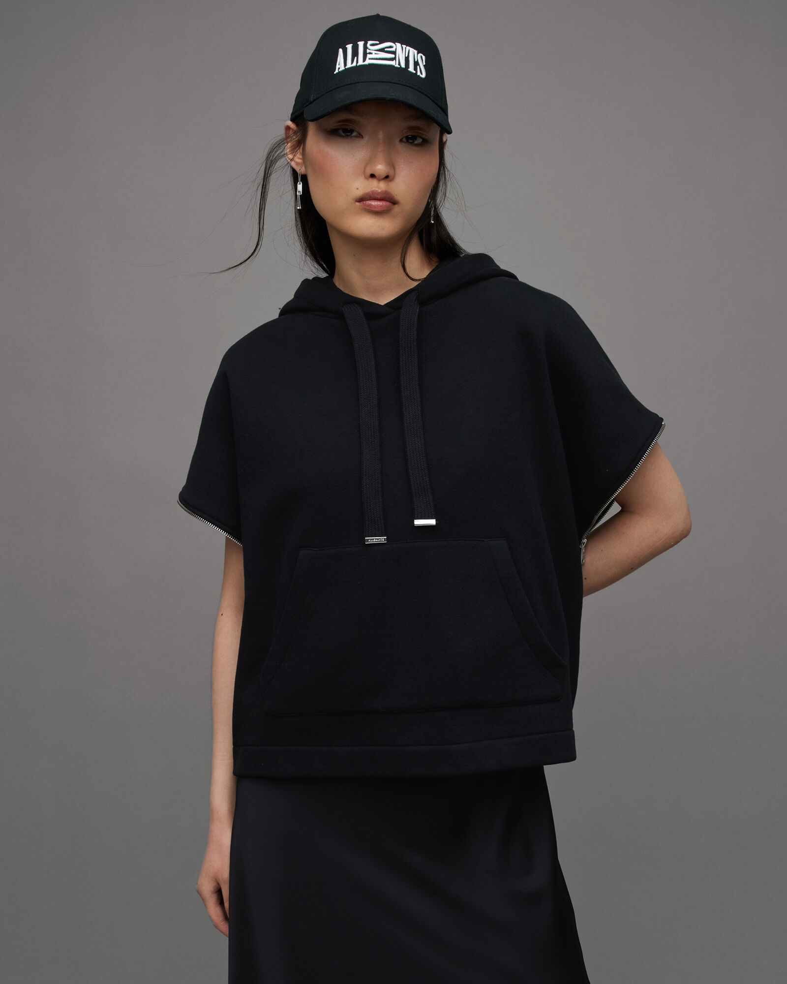 Jamie Sleeveless Adjustable Zip Hoodie Black | ALLSAINTS US