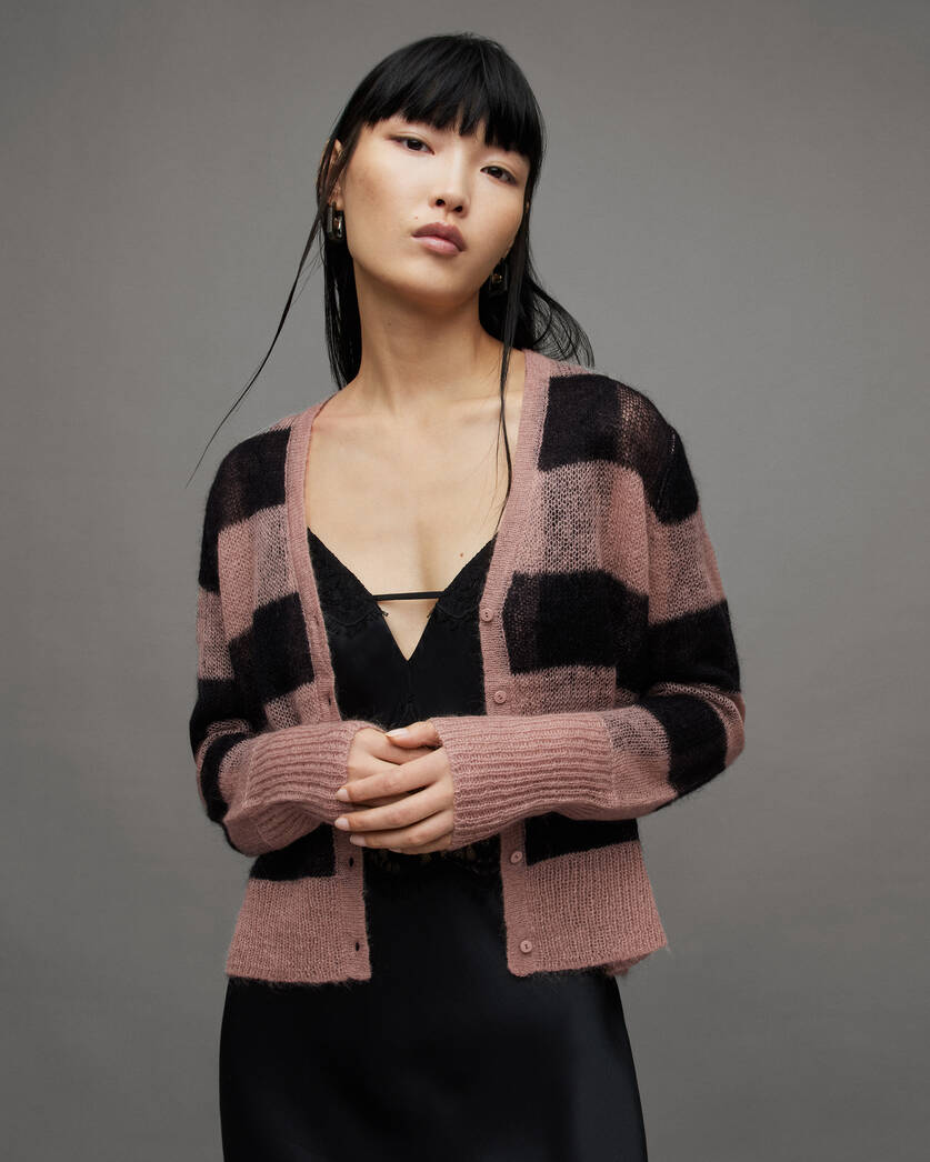Renee Checked V-Neck Relaxed Cardigan PUTTY PINK/BLACK