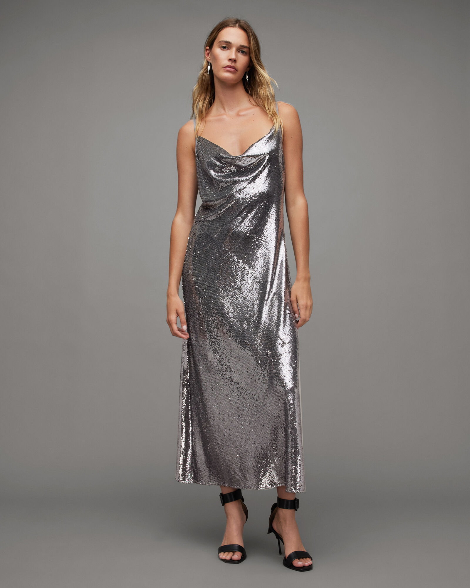 Hadley Cowl Neck Sequin Midi Slip Dress Gunmetal Grey | ALLSAINTS US