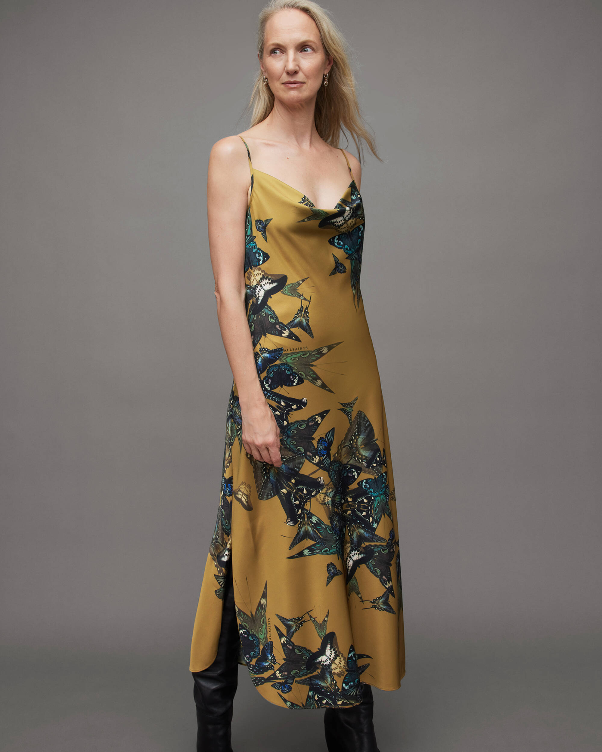 Hadley Butterfly Diana Midi Slip Dress Gold | ALLSAINTS US