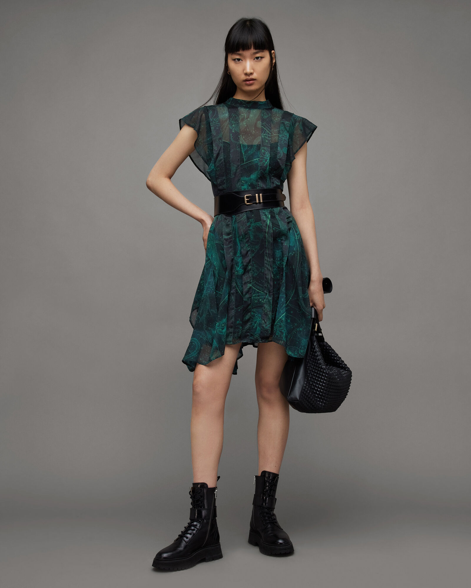 Fleur Asymmetric Hem Zig Mini Dress JEWEL GREEN | ALLSAINTS US