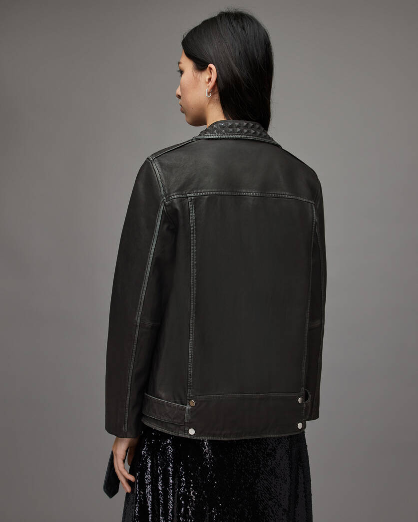 Women’s Black Leather Studded Bomber Jacket