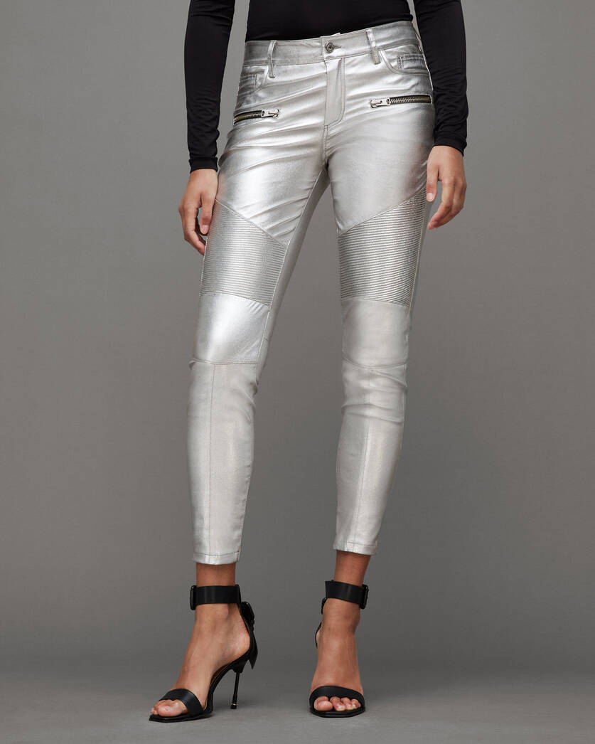 Suri Metallic Coated Leather Biker Jeans Silver