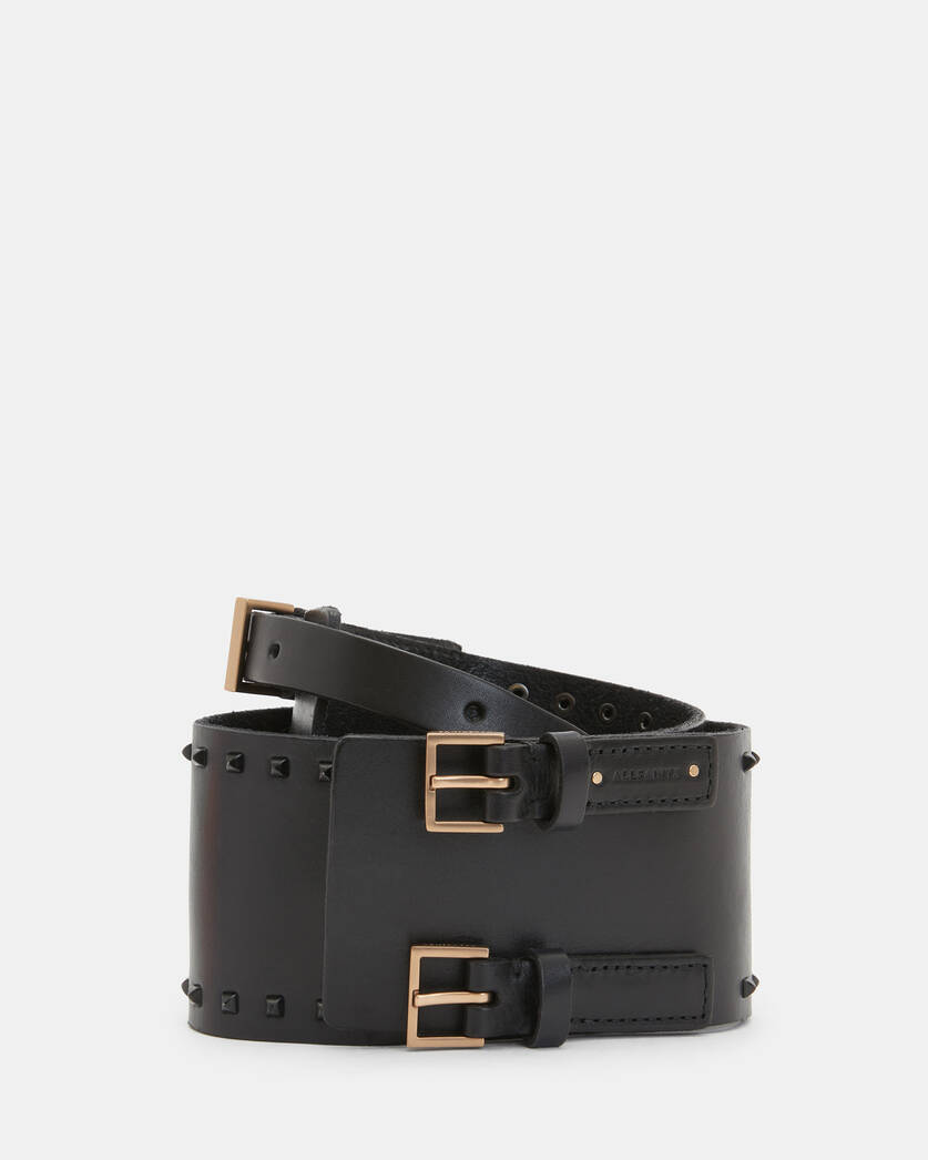 Maxie Studded Leather Double Buckle Belt BLACK/MATTE BLACK