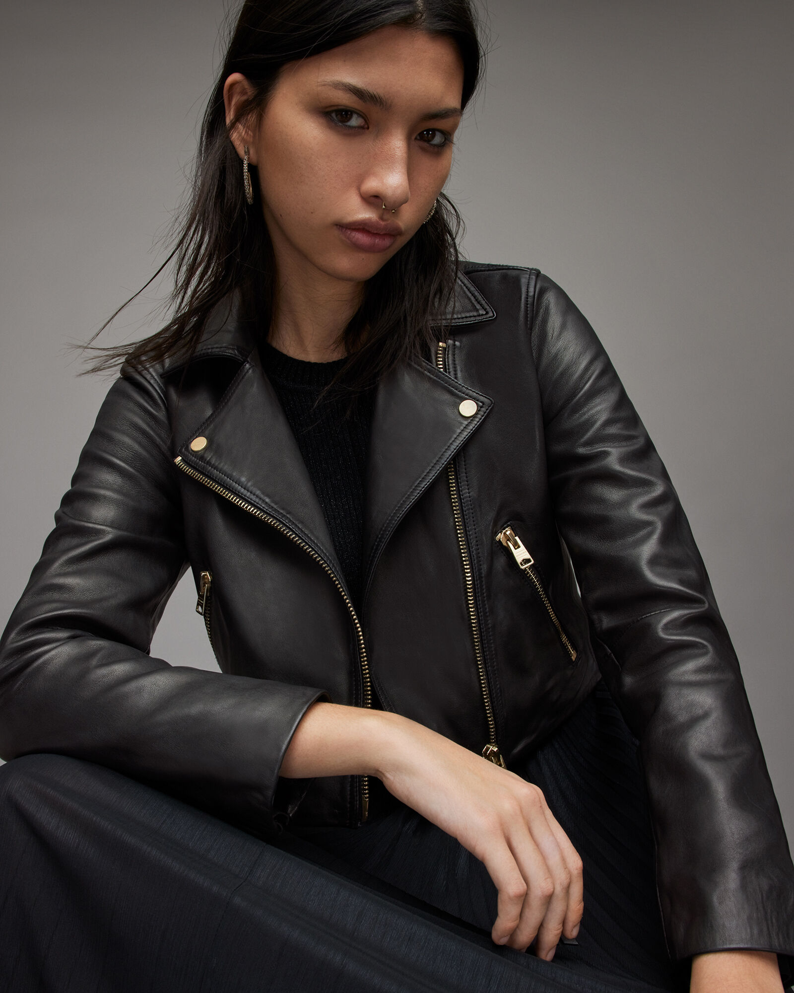 Dalby Cropped Leather Biker Jacket Black | ALLSAINTS US