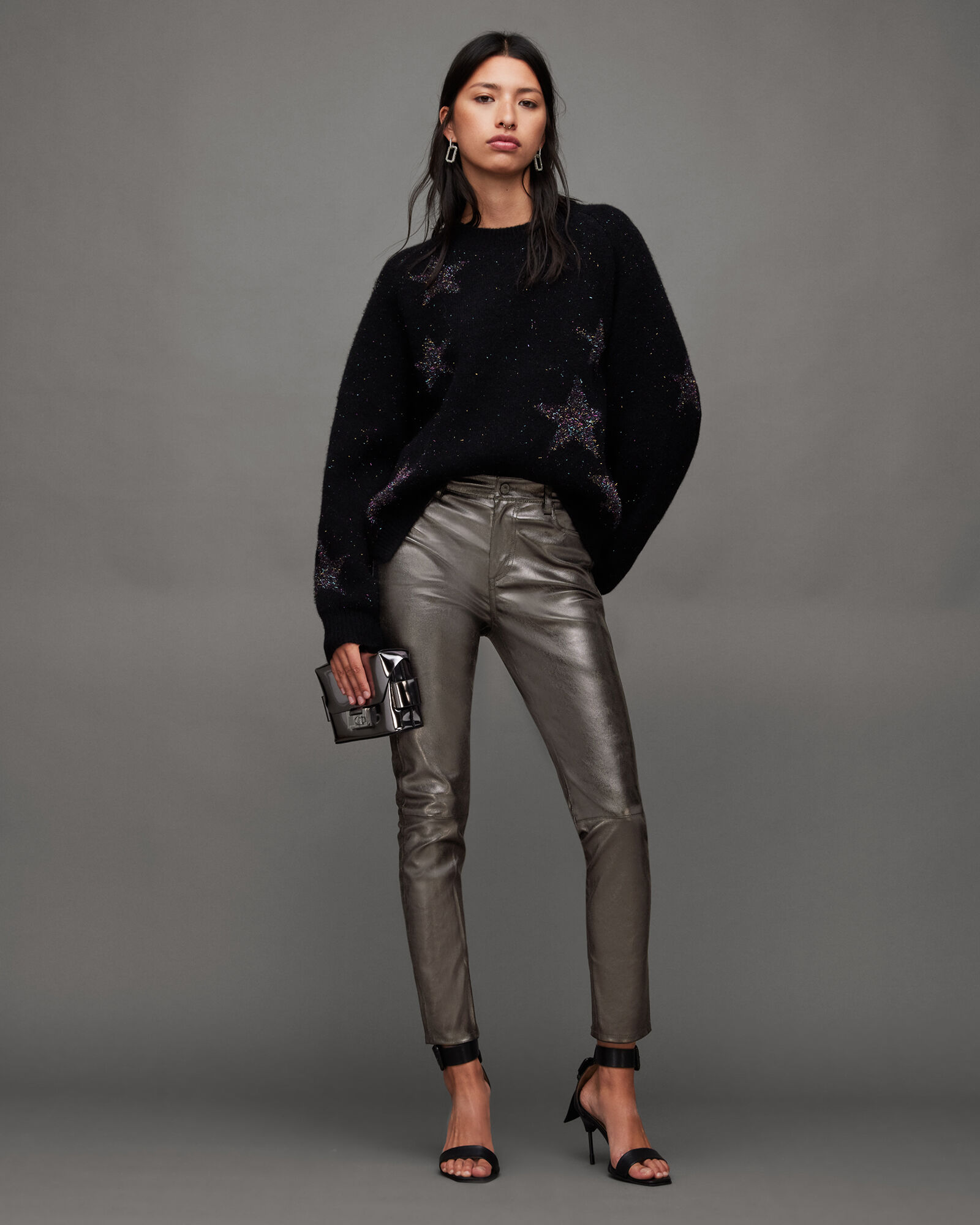 Ina Leather Metallic Pants Gunmetal ALLSAINTS US