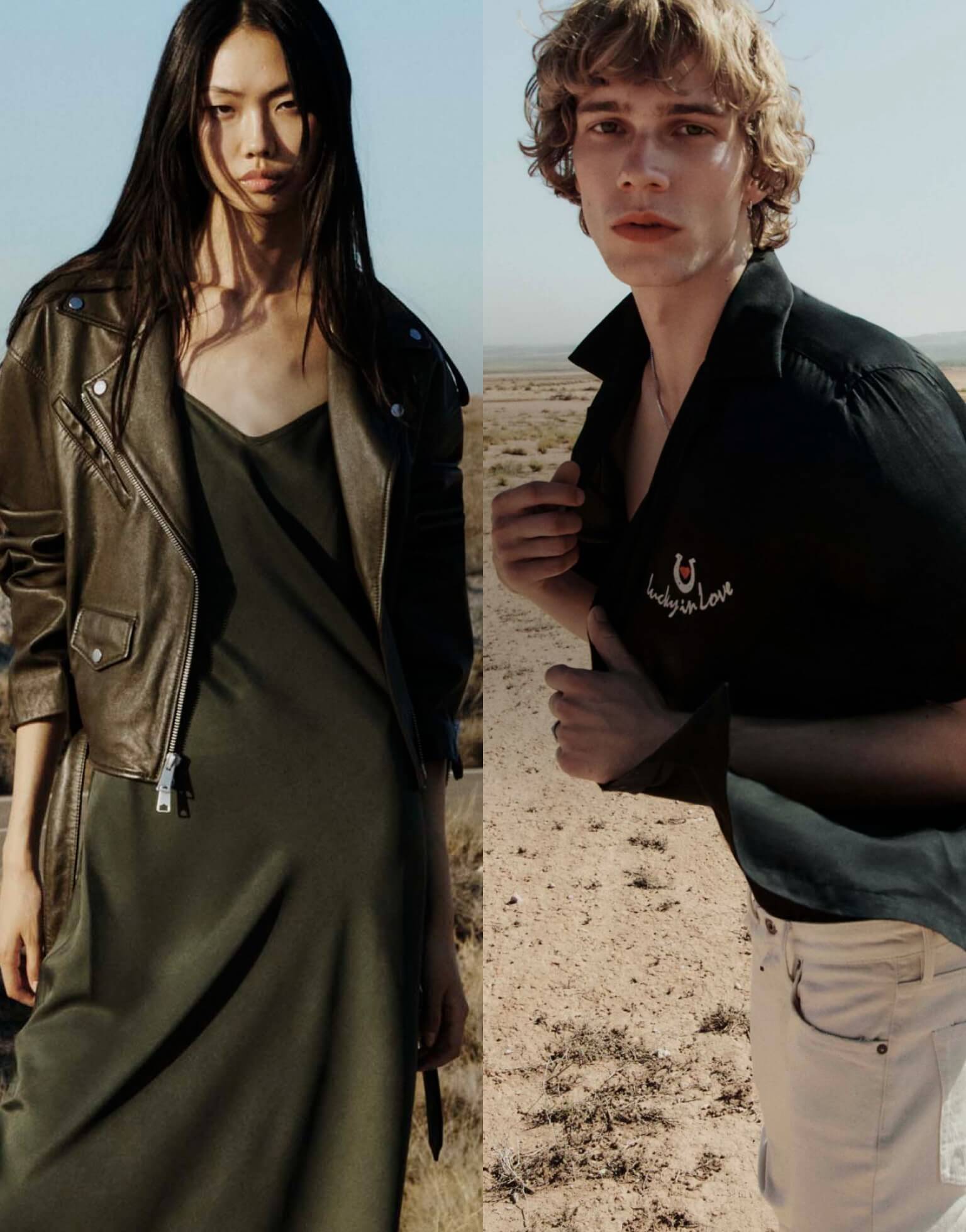 Two photographs showing a female and male models standing in the desert and wearing AllSaints clothes.