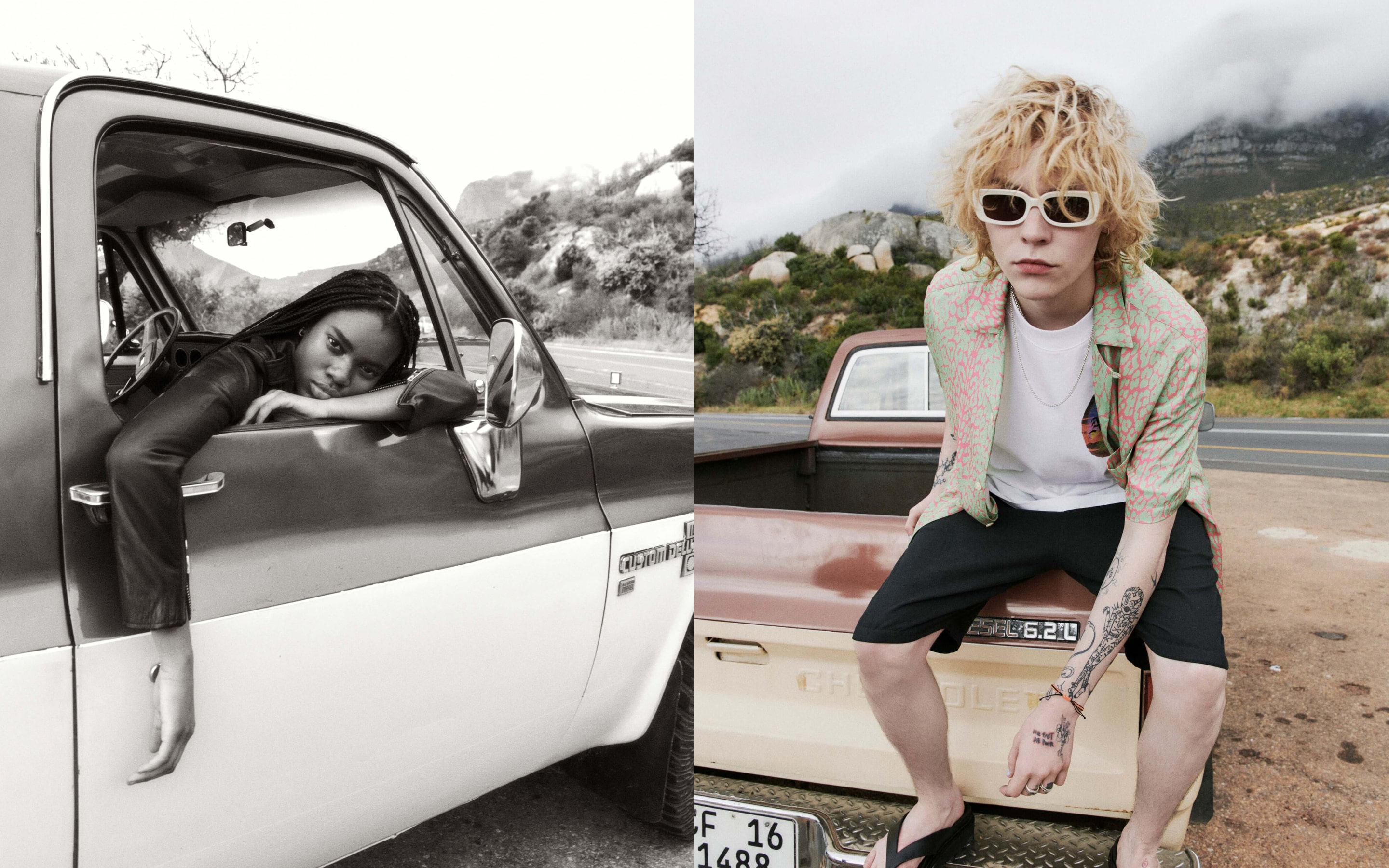 Two portraits of a woman and a man wearing items from our latest collection and sitting in a truck.