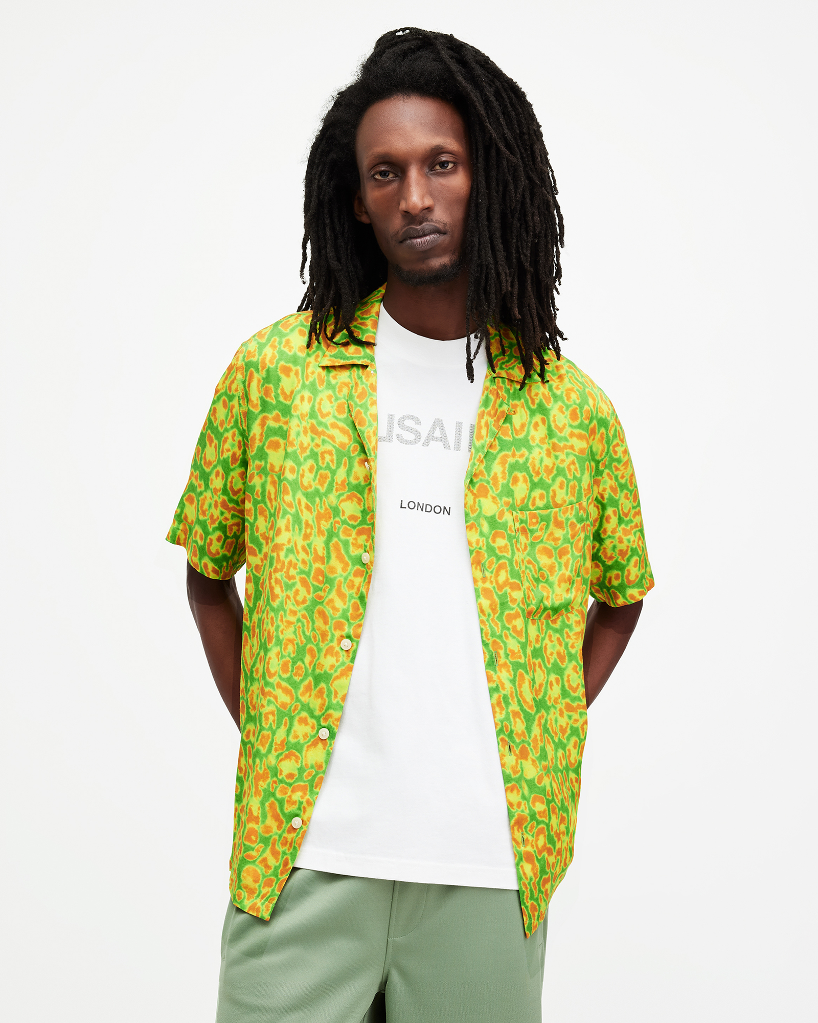 Shop Allsaints Leopaz Leopard Print Relaxed Fit Shirt In Lizard Green