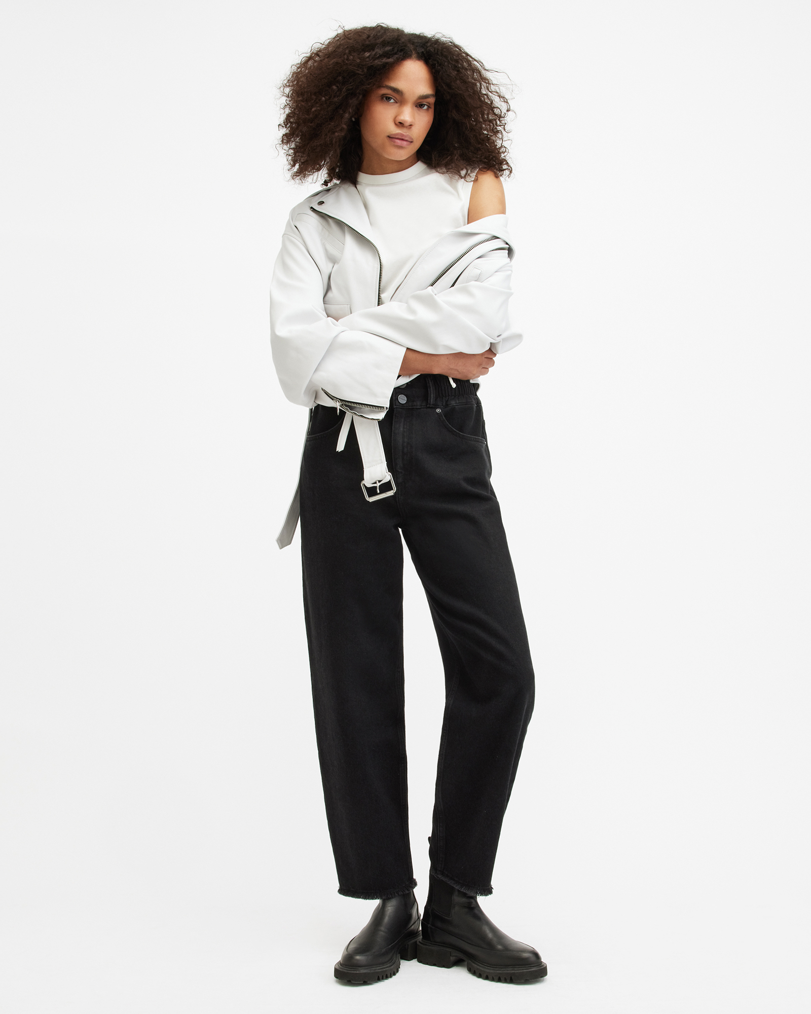 AllSaints Hailey Frayed Hem Denim Jeans,, Washed Black, Size: UK