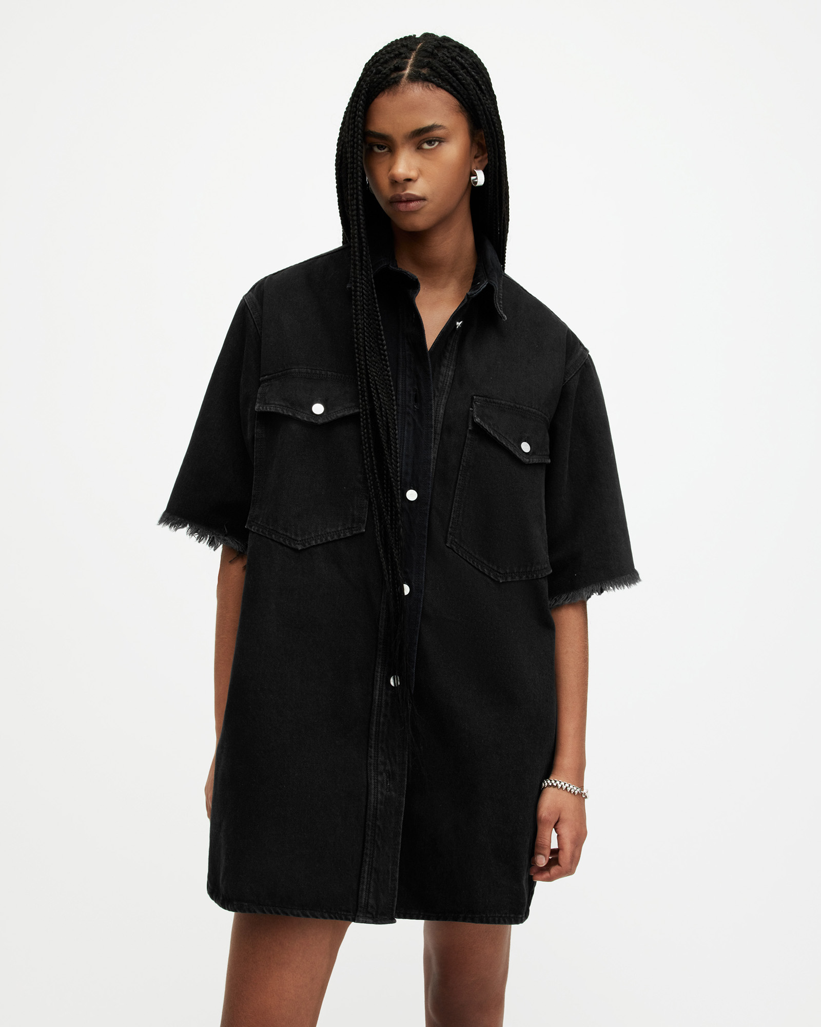 Lily Short Sleeve Denim Mini Dress Washed Black | ALLSAINTS