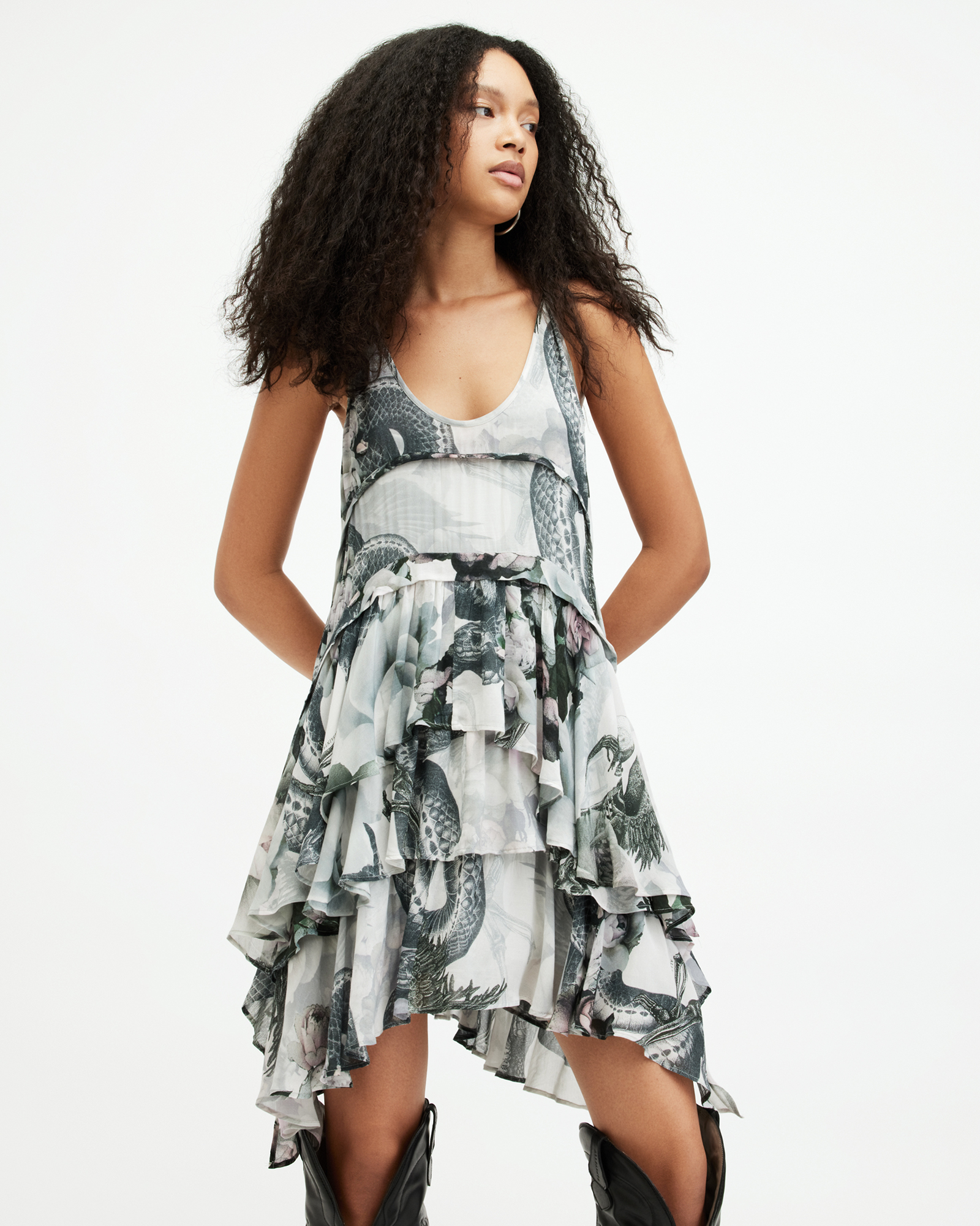 Shop Allsaints Cavarly Floral Valley Ruffled Mini Dress In Chalk White