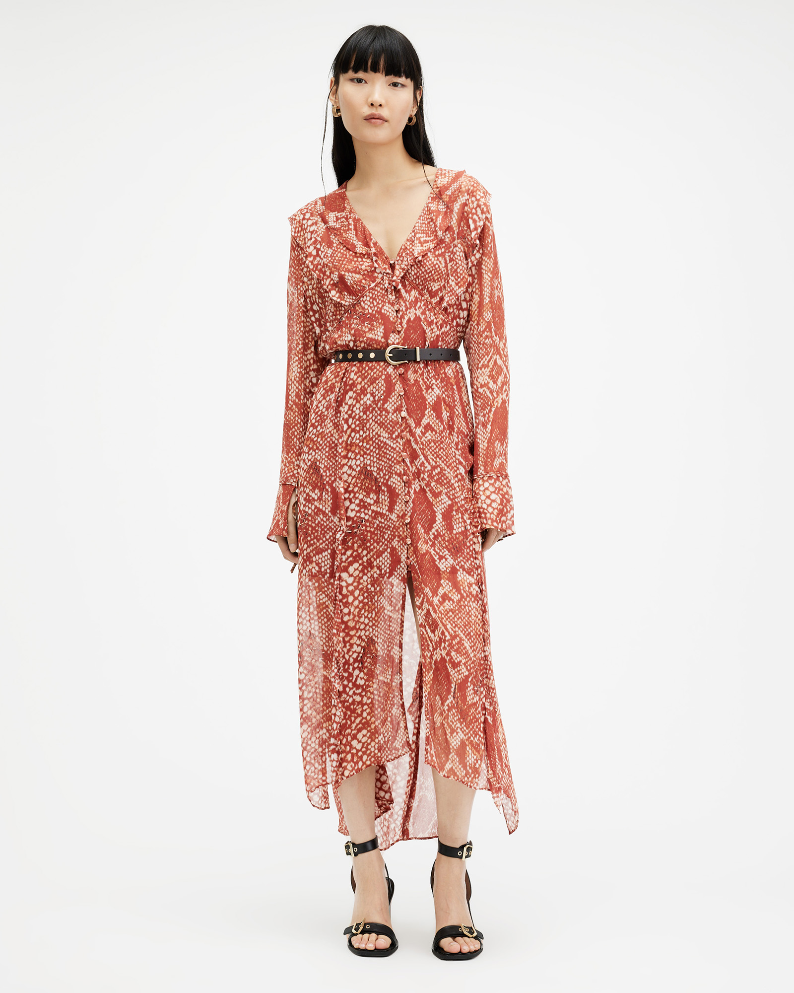AllSaints Liana Waimea Print V-Neck Maxi Dress,, RED CLAY