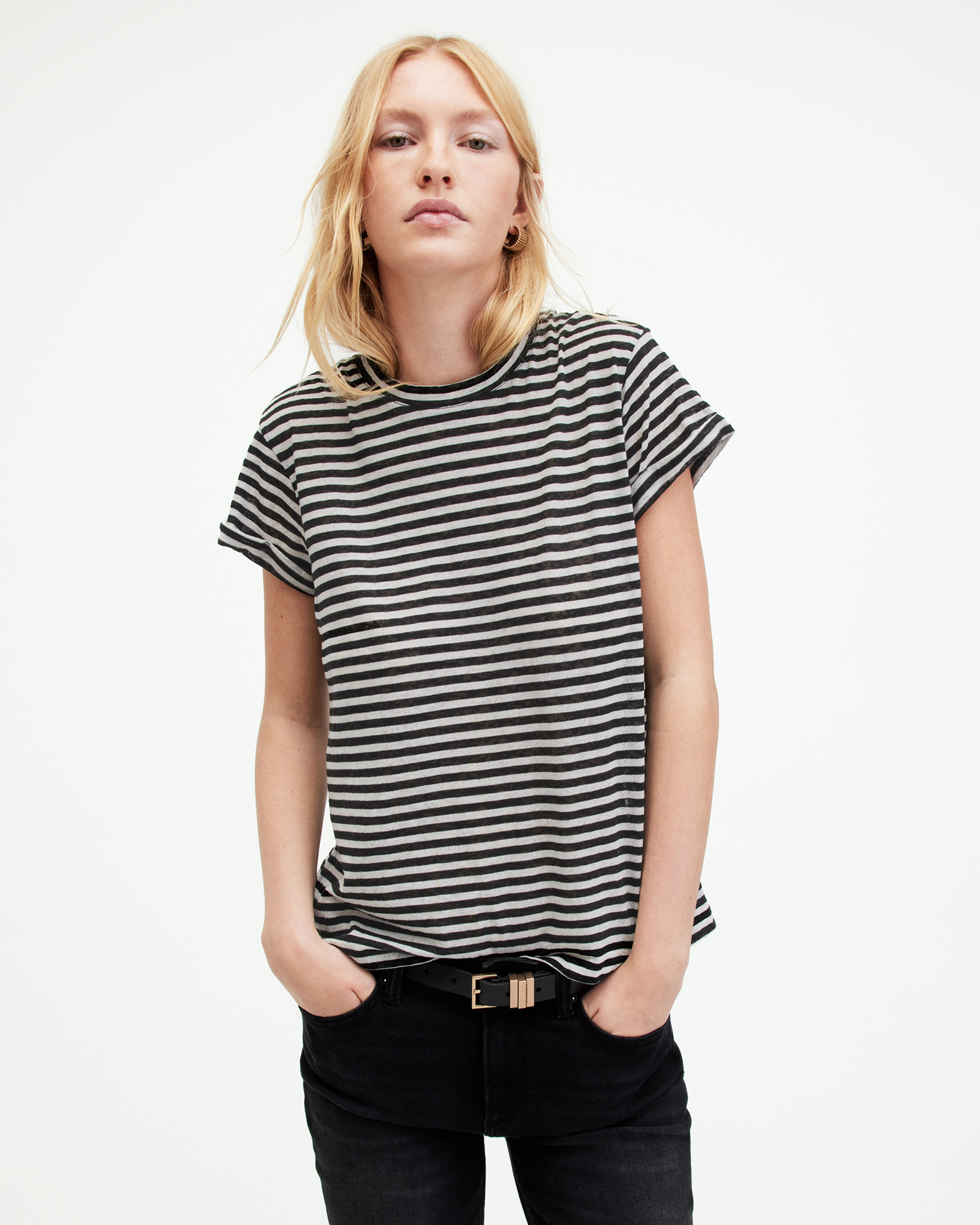 AllSaints Anna Stripe Short Sleeve T-Shirt,, Chalk/Ink