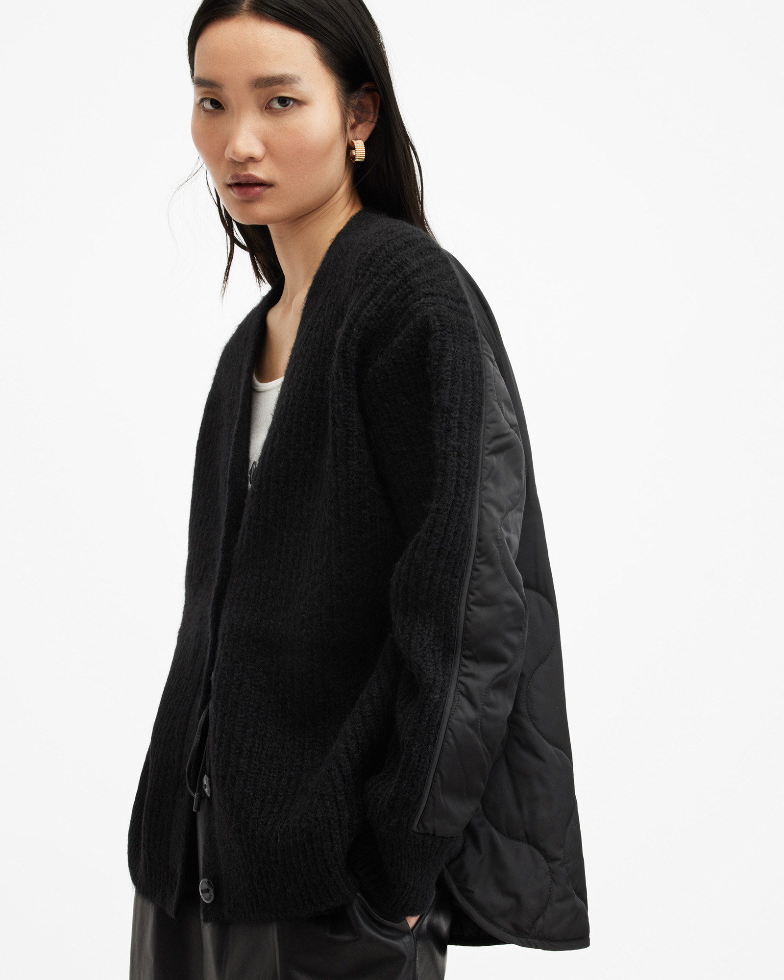 Allsaints Hopper Ribbed Quilted Inner Cardigan In Black