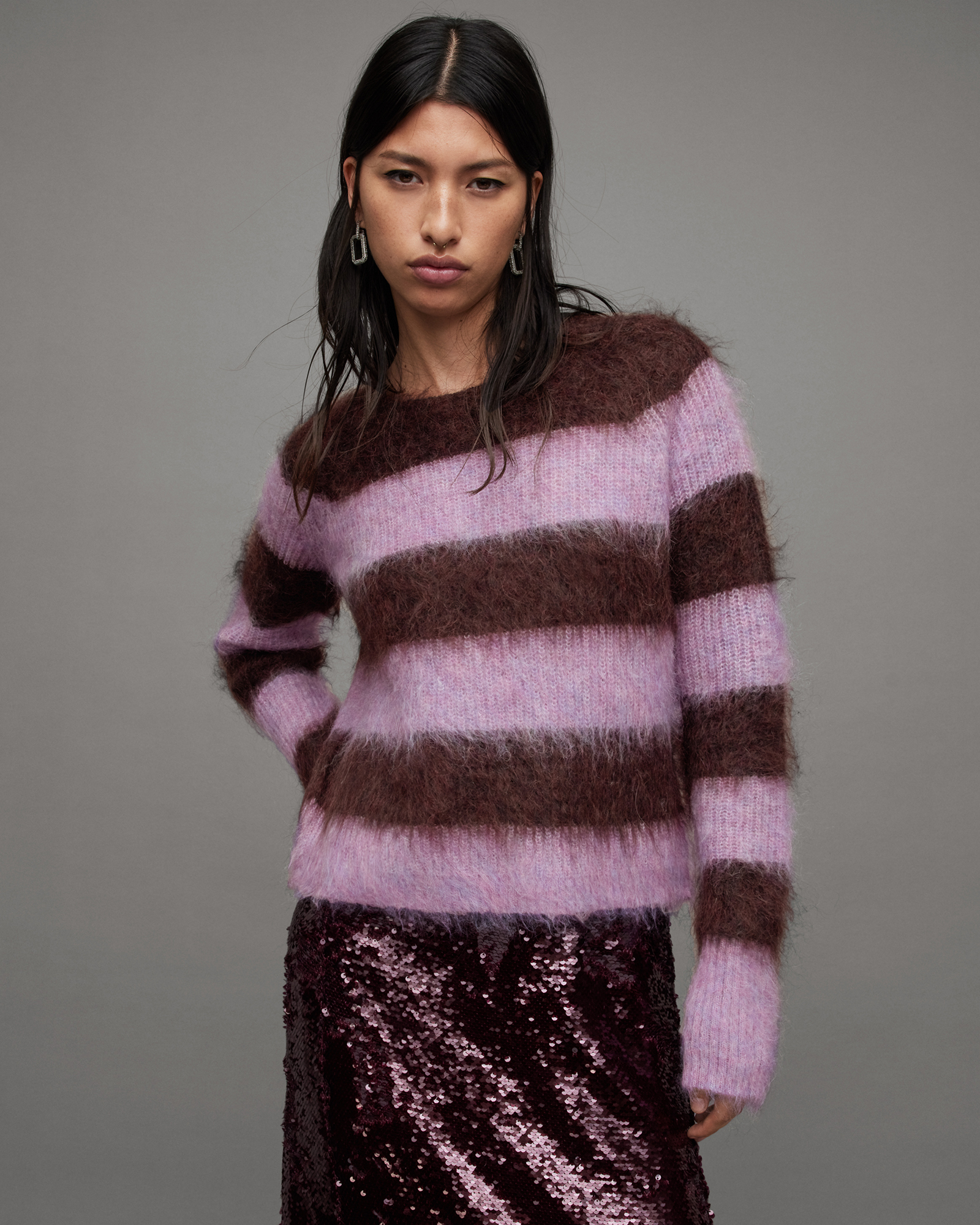 AllSaints Lou Brushed Striped Jumper,, RAISIN RED/LILAC