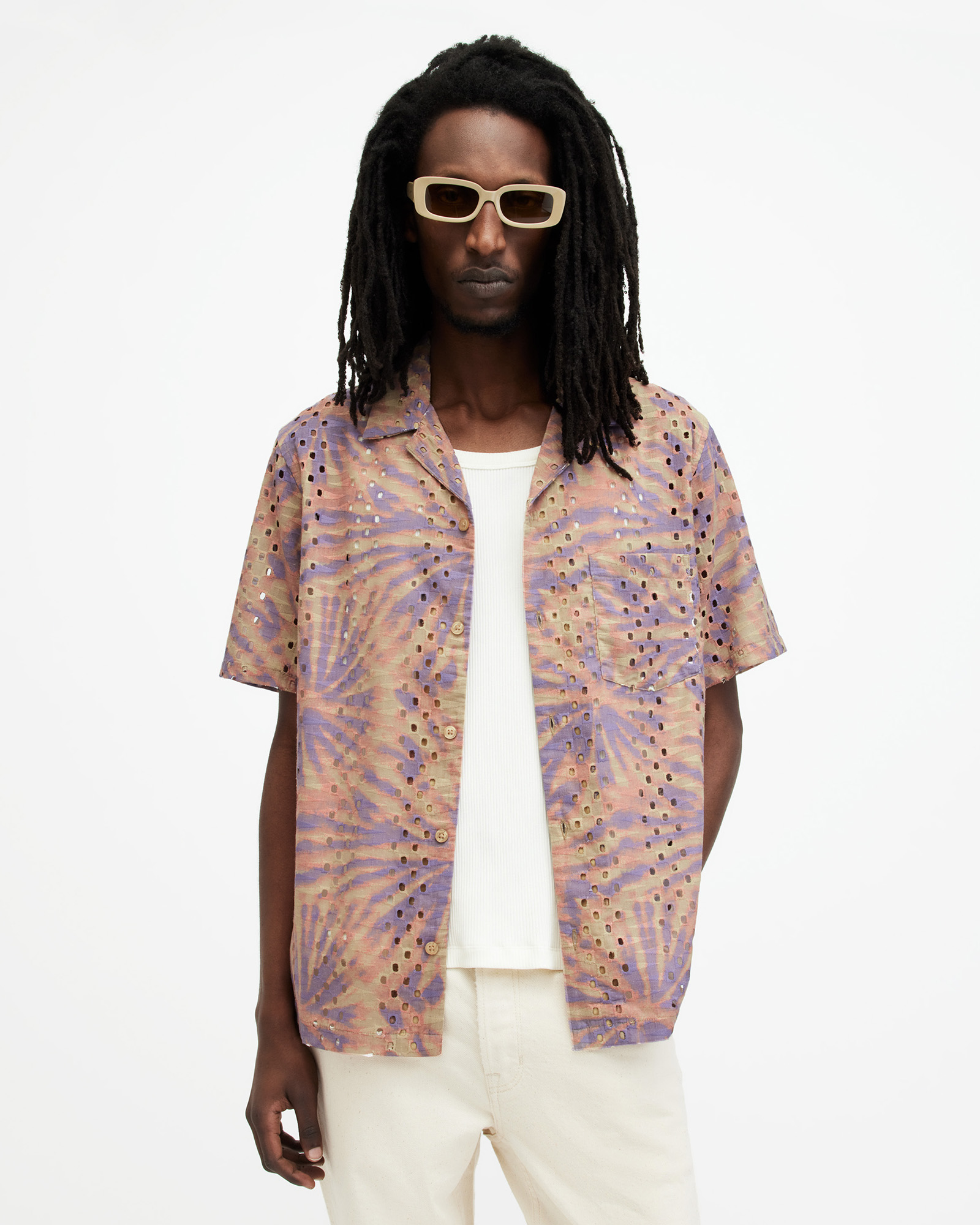 AllSaints Yucca Broderie Printed Relaxed Fit Shirt,, PASTEL/SEPIA BRWN