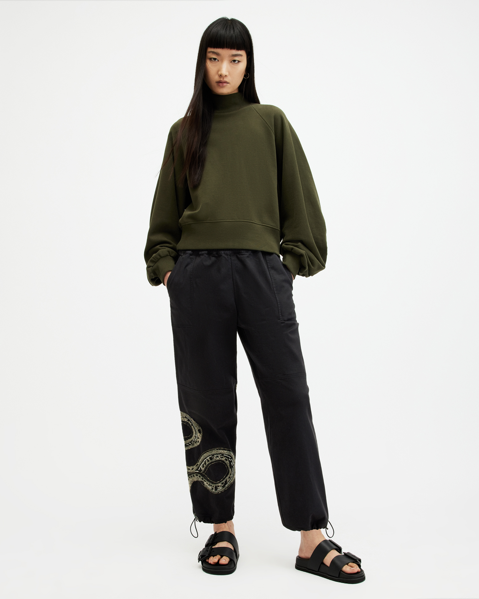 Shop Allsaints Yas Embellished Cargo Trousers, In Washed Black