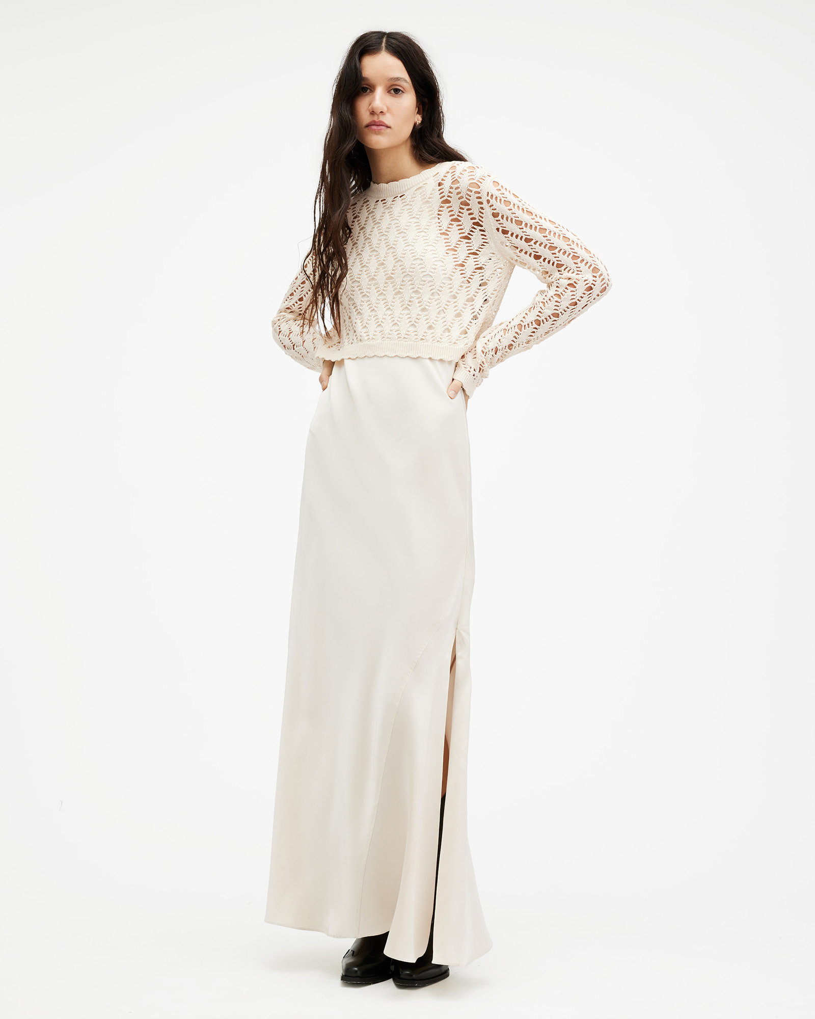 AllSaints Erin 2-In-1 Crochet Jumper Maxi Dress,, CREAM WHITE