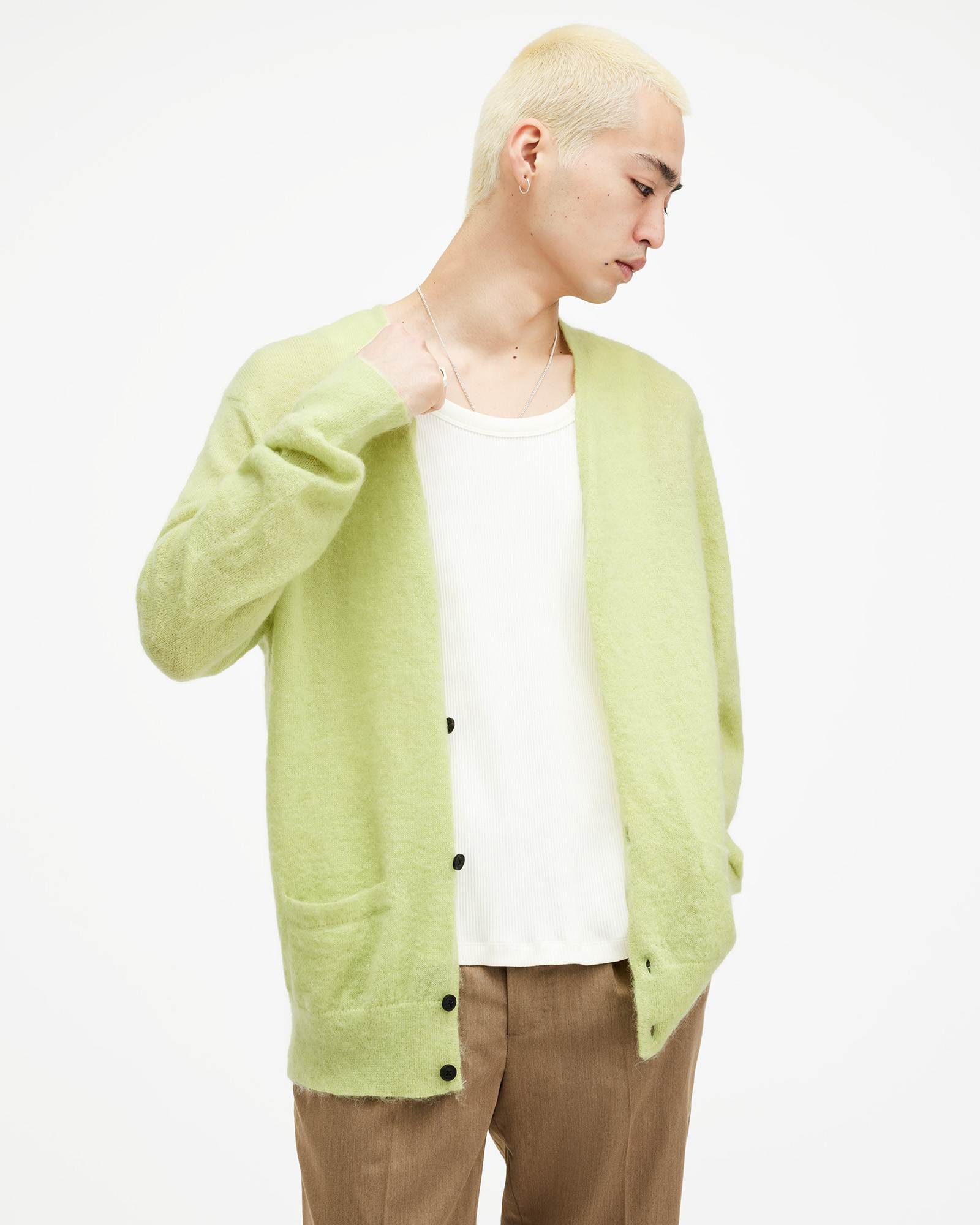 AllSaints Kennedy V-Neck Brushed Cardigan,, Light Green, Size: