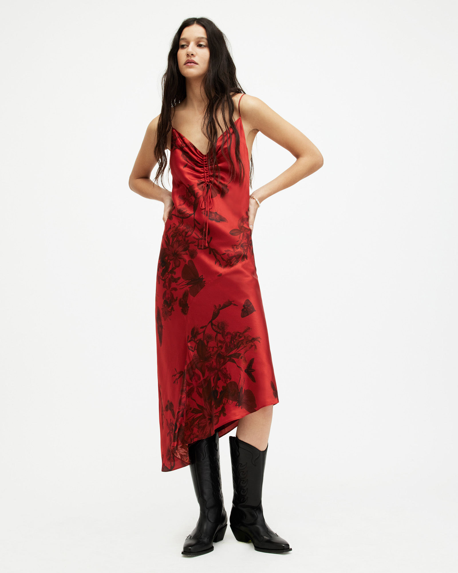 AllSaints Alexia Silk Blend V-Neck Midi Slip Dress,, Rust Red, Size: UK