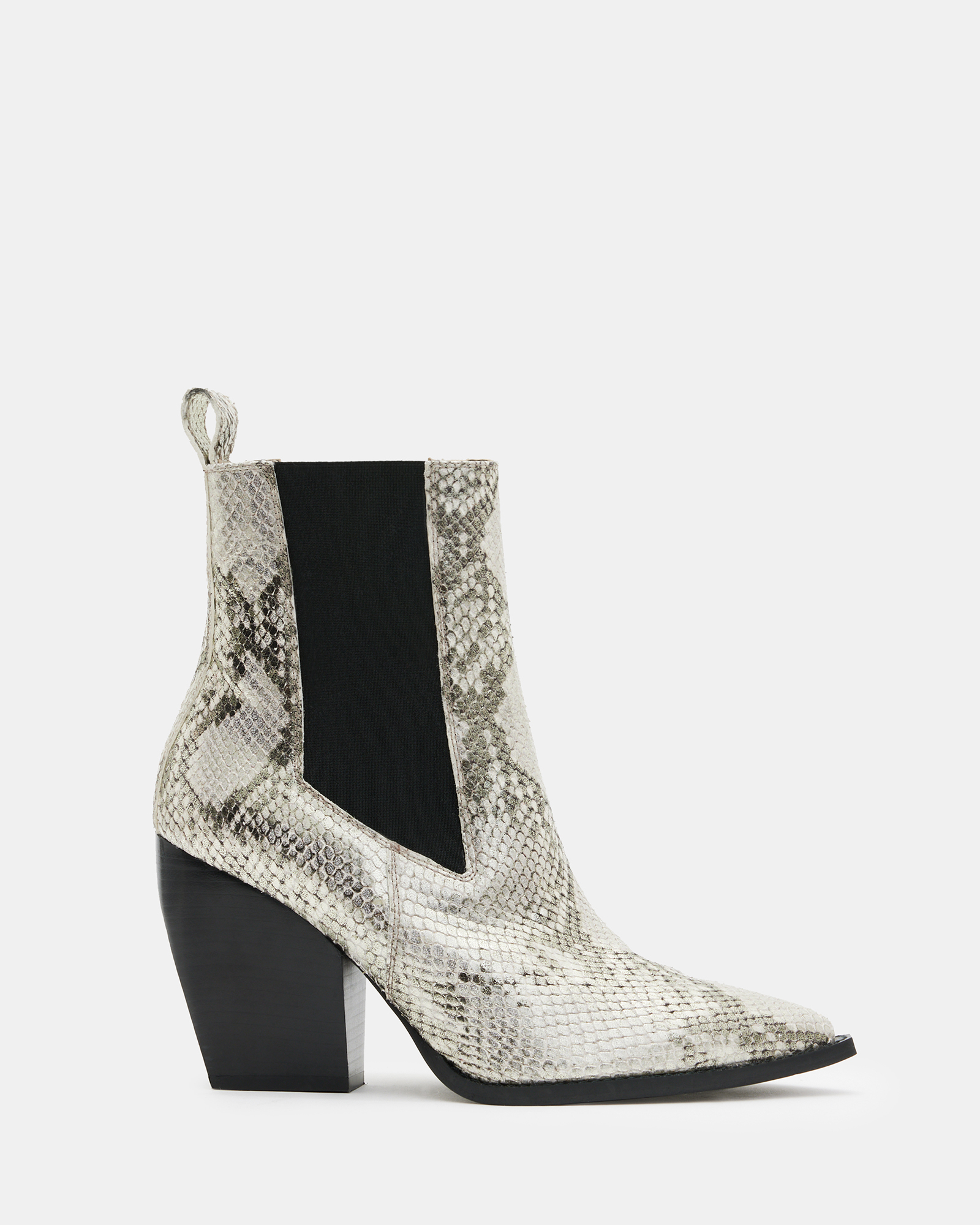 Allsaints Ria Pointed Snake Leather Boots In Metallic Gold