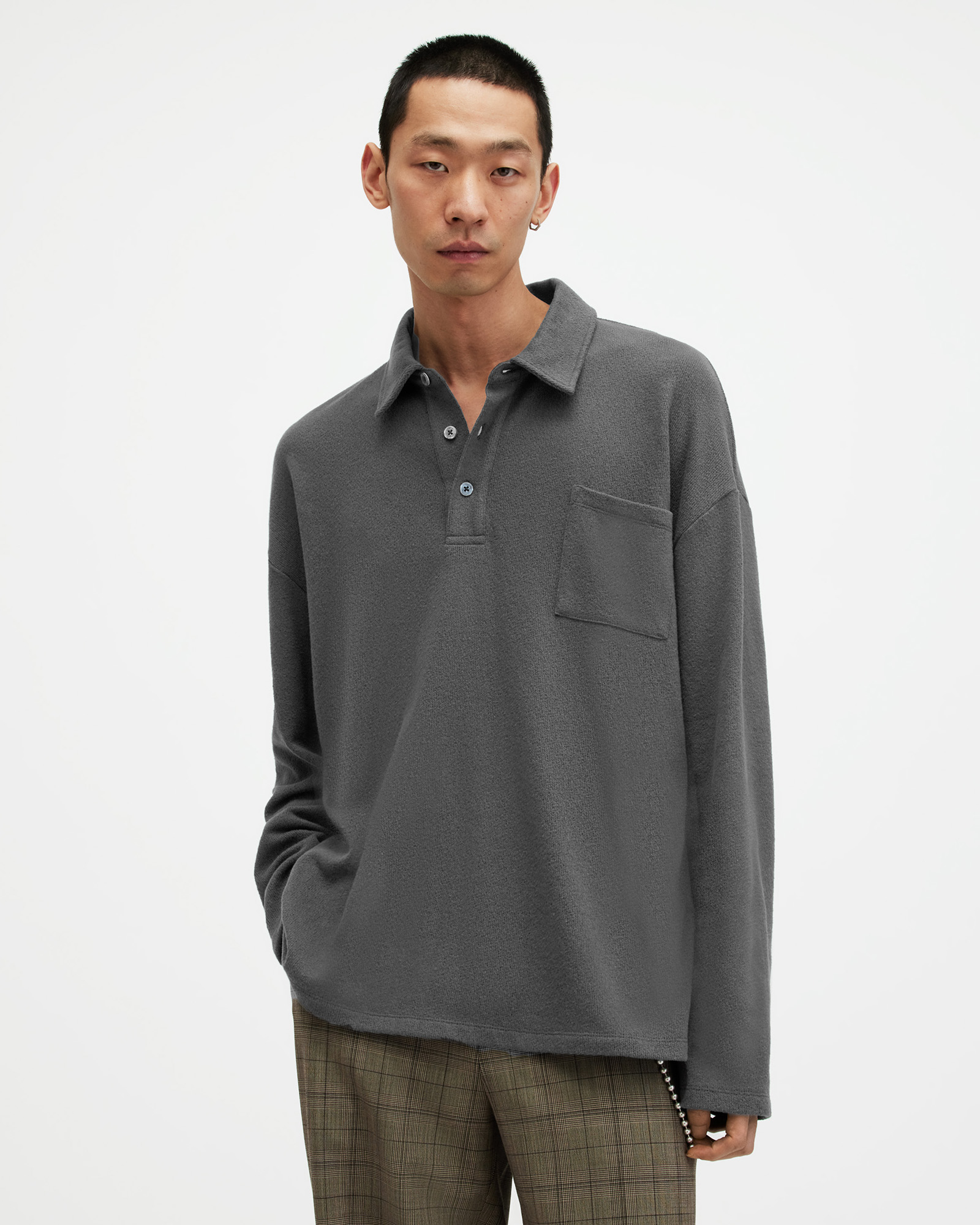 AllSaints Eris Long Sleeve Oversized Polo Shirt,, Washed Black