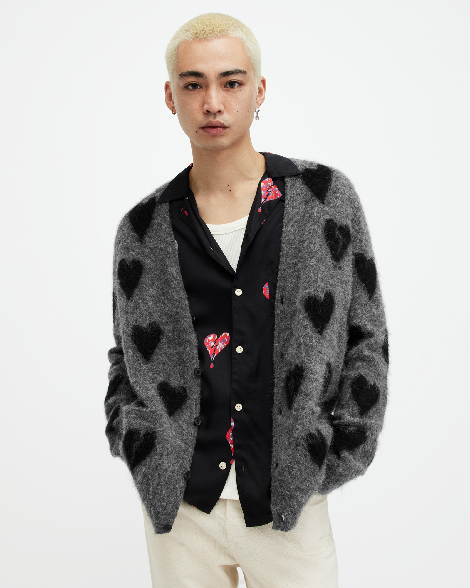 AllSaints Amore Heart Motif Relaxed Fit Cardigan,, Grey/Black