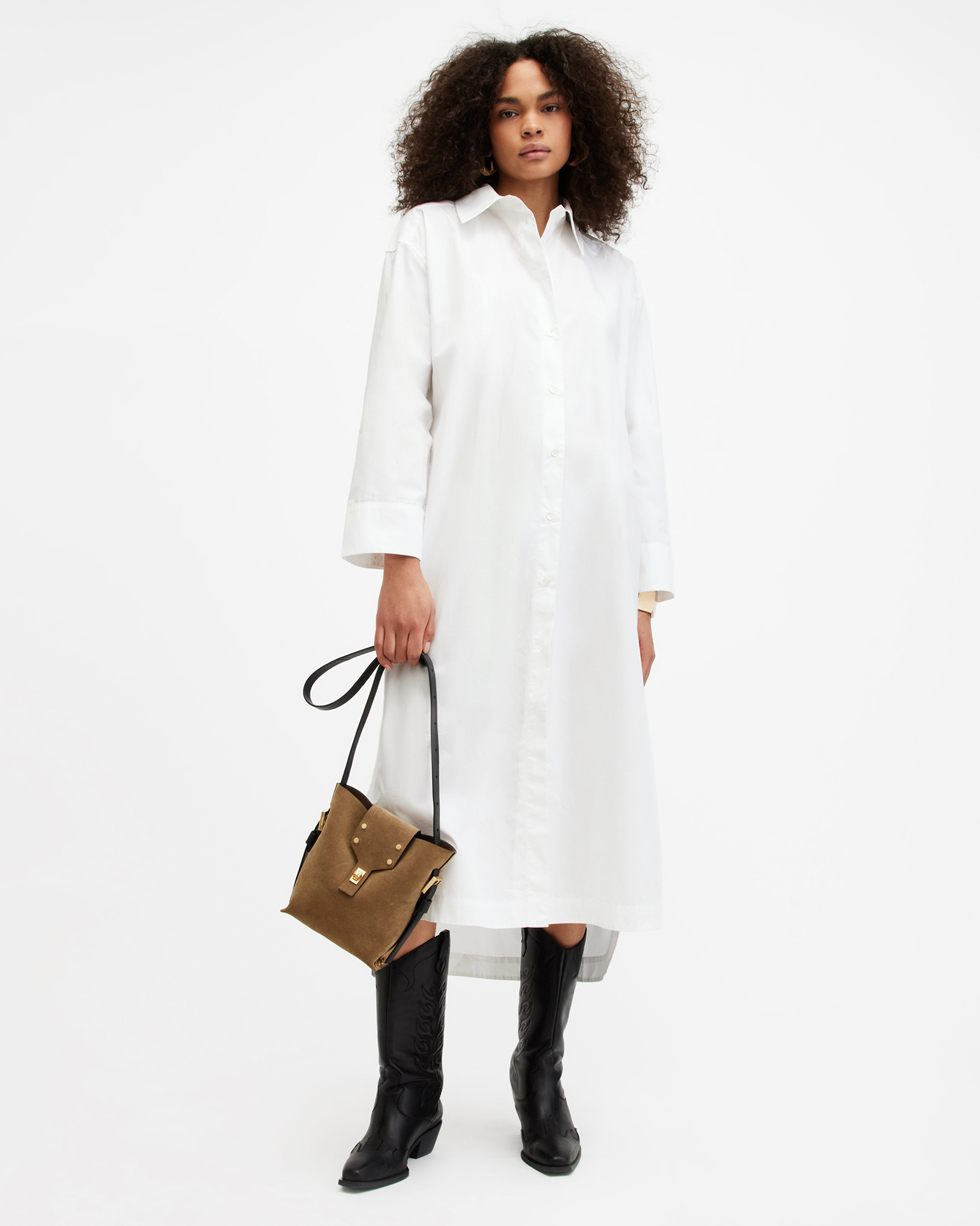 AllSaints Imogen Maxi Shirt Dress,, Chalk White, Size: UK