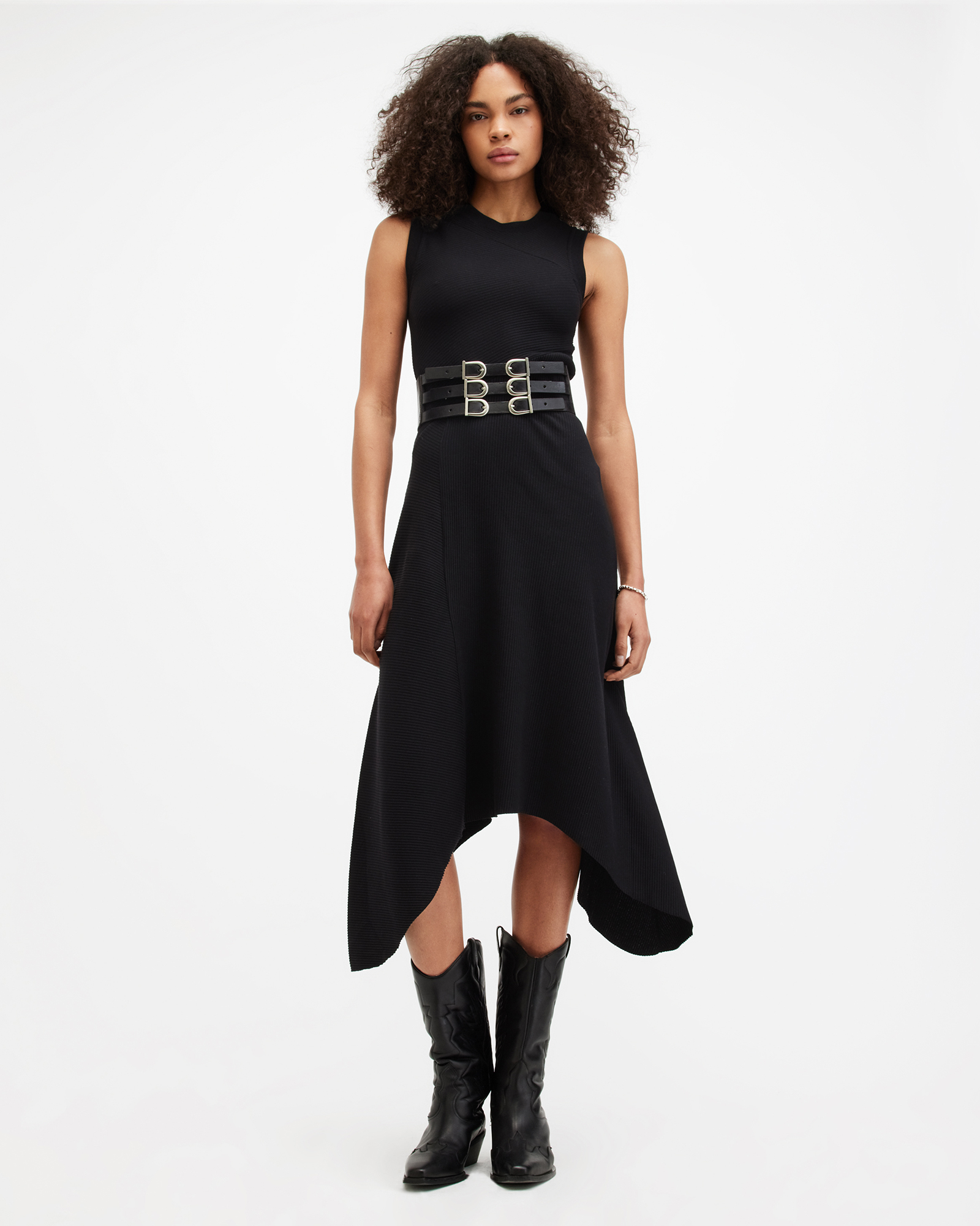 AllSaints Gia Asymmetrical Ribbed Midi Dress,, Black, Size: