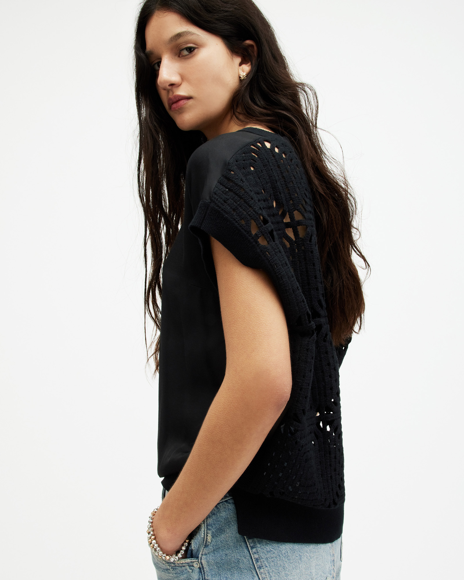 AllSaints Marti Crochet Sleeveless Tank Top,, Black, Size: