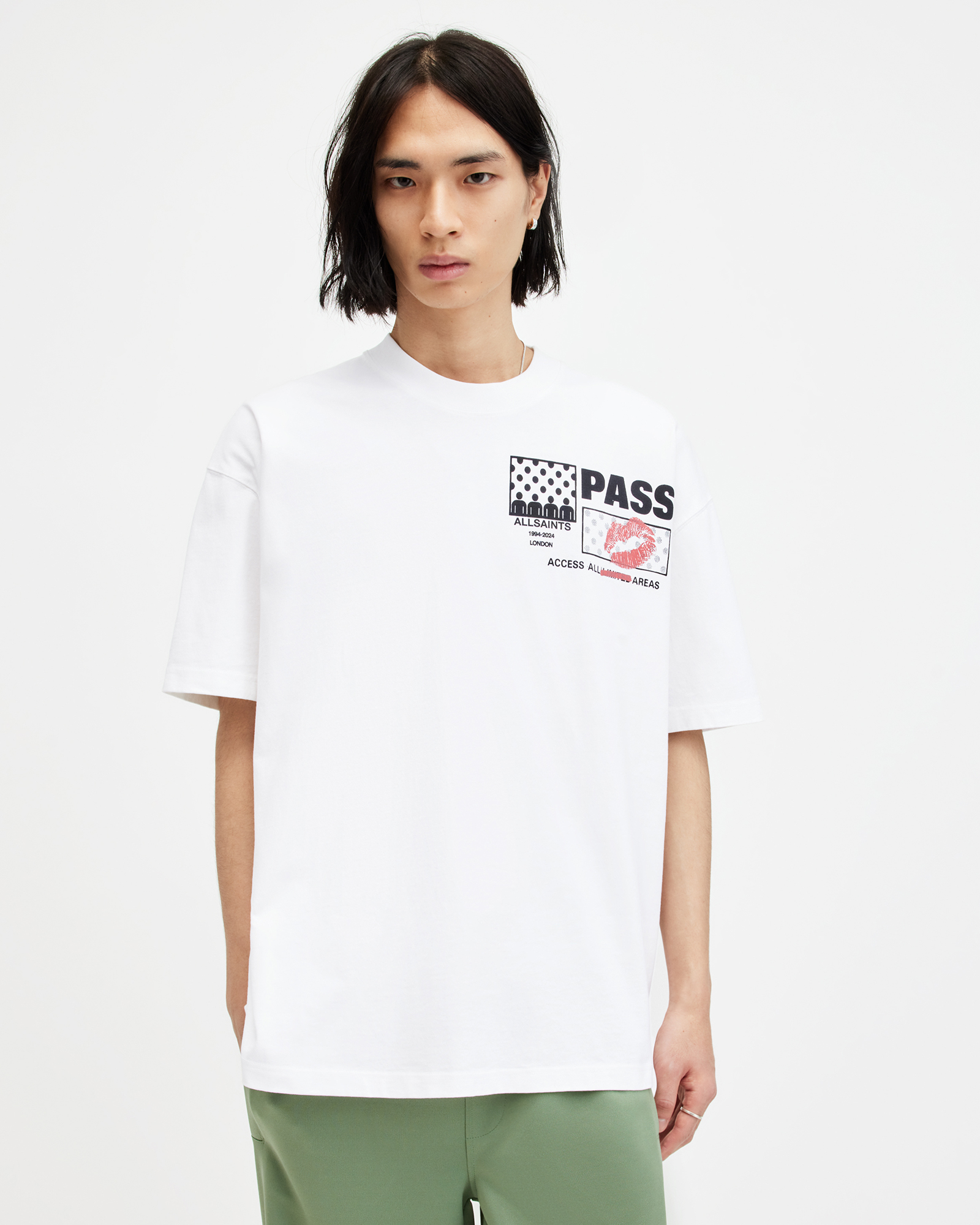 AllSaints Pass Graphic Print Oversized T-Shirt,, Optic White